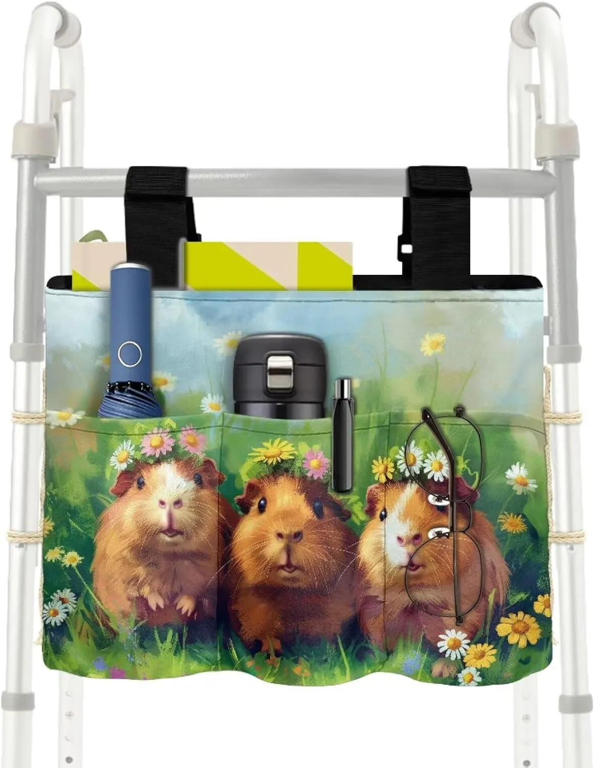 LedBack Cute Walker Bag Durable Large Capacity Storage Bags Guinea Pigs Pattern Lightweight Portable Walker Storage Pouch with Fixed Rope and Adjustable Strap