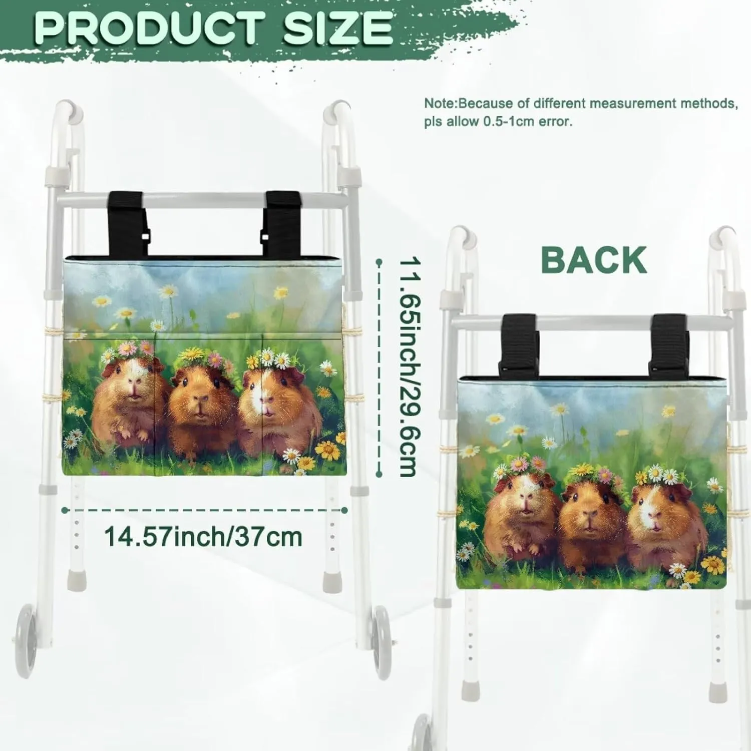 LedBack Cute Walker Bag Durable Large Capacity Storage Bags Guinea Pigs Pattern Lightweight Portable Walker Storage Pouch with Fixed Rope and Adjustable Strap