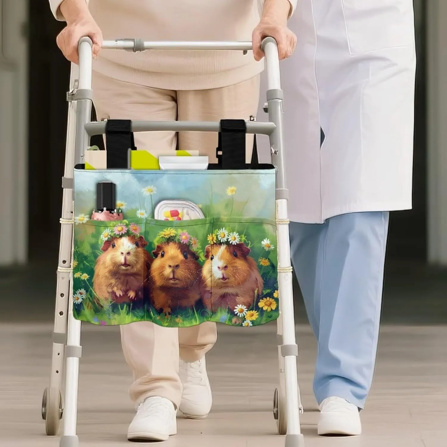 LedBack Cute Walker Bag Durable Large Capacity Storage Bags Guinea Pigs Pattern Lightweight Portable Walker Storage Pouch with Fixed Rope and Adjustable Strap