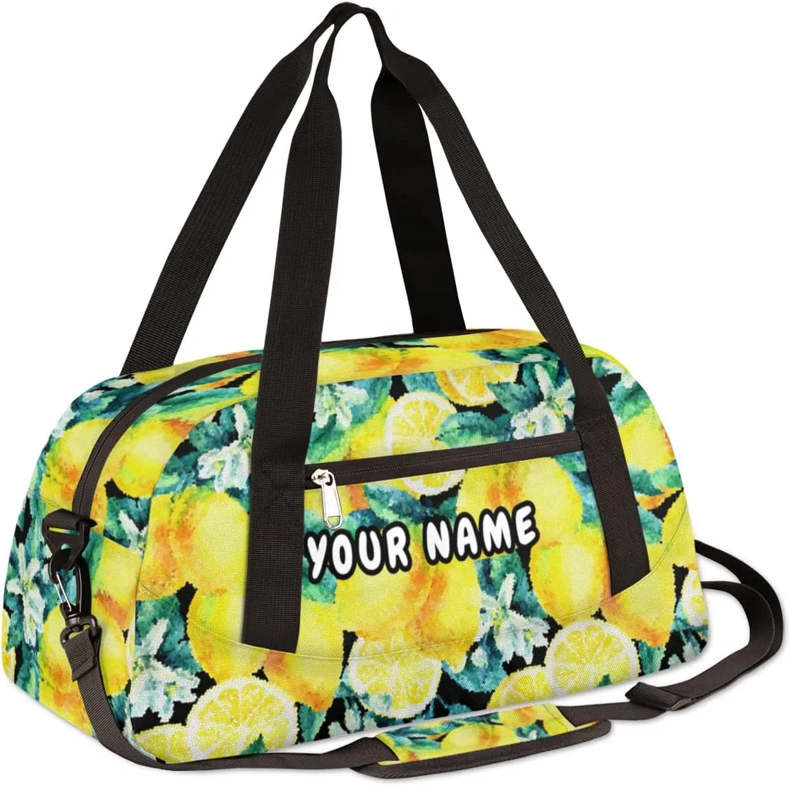 Lemon Blossom Leaves Personalized Kids Duffel Bag for Girls Boys, Lemon Debris Custom Name Dance Bag Overnight Small Duffel Bag Carry On Weekend Sports Travel Bag for School Practice Gymnastics Ballet