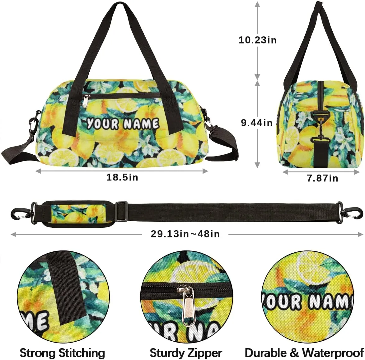 Lemon Blossom Leaves Personalized Kids Duffel Bag for Girls Boys, Lemon Debris Custom Name Dance Bag Overnight Small Duffel Bag Carry On Weekend Sports Travel Bag for School Practice Gymnastics Ballet