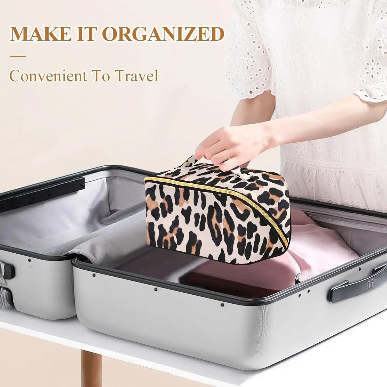 Leopard Print Travel Makeup Bag Portable Cosmetic Pouch Large Capacity Make up Bag Toiletry Bag with Divider and Handle for Women