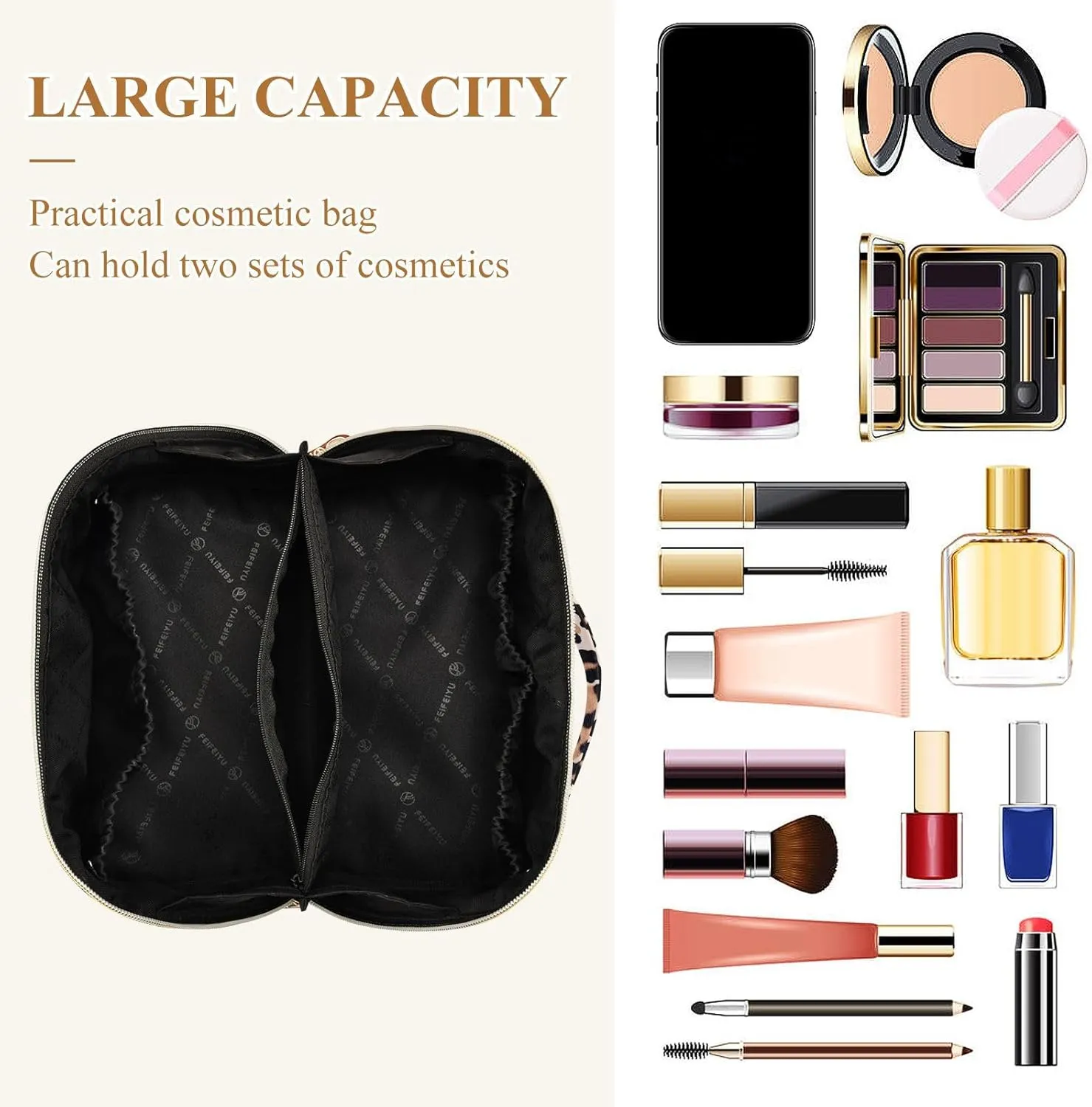 Leopard Print Travel Makeup Bag Portable Cosmetic Pouch Large Capacity Make up Bag Toiletry Bag with Divider and Handle for Women