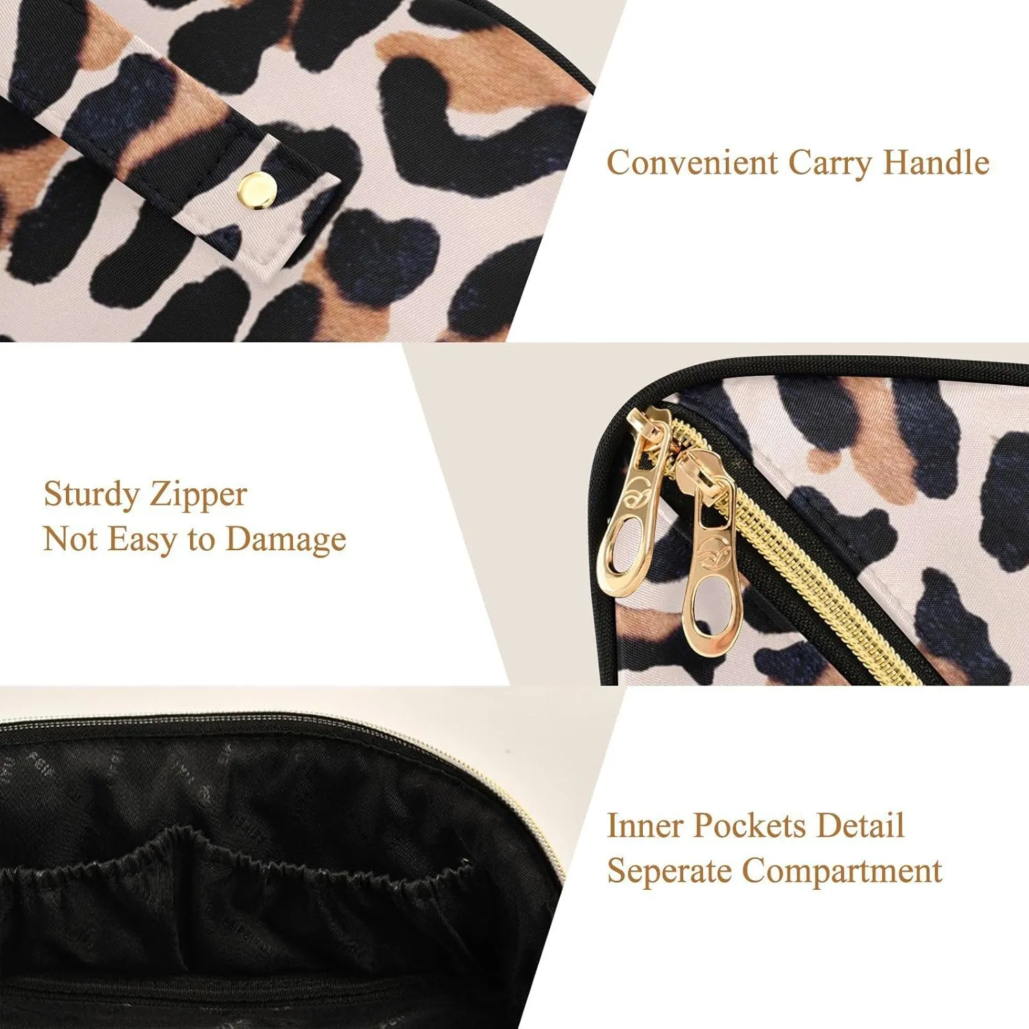 Leopard Print Travel Makeup Bag Portable Cosmetic Pouch Large Capacity Make up Bag Toiletry Bag with Divider and Handle for Women