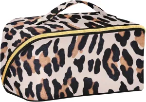 Leopard Print Travel Makeup Bag Portable Cosmetic Pouch Large Capacity Make up Bag Toiletry Bag with Divider and Handle for Women