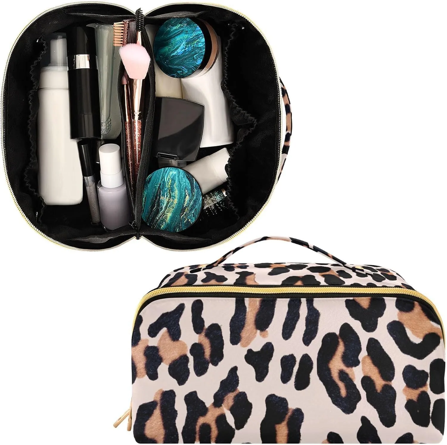 Leopard Print Travel Makeup Bag Portable Cosmetic Pouch Large Capacity Make up Bag Toiletry Bag with Divider and Handle for Women