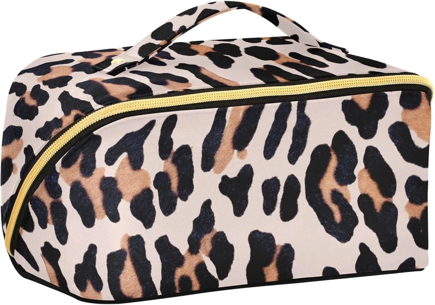 Leopard Print Travel Makeup Bag Portable Cosmetic Pouch Large Capacity Make up Bag Toiletry Bag with Divider and Handle for Women