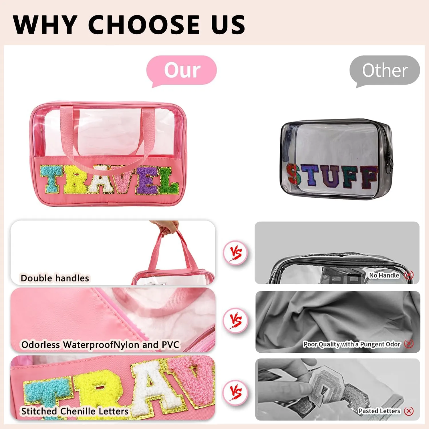 Letter Patch Clear Makeup Bag, Pink Travel Toiletry Bag Preppy Cosmetic Bag with Handle, Waterproof Beach Storage Bag Large Snacks Bag Organizer for Women Girls (Travel Letter)