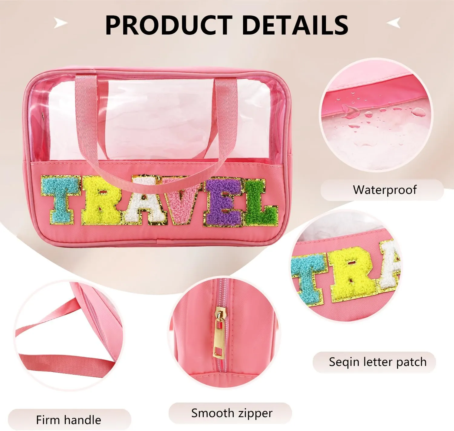Letter Patch Clear Makeup Bag, Pink Travel Toiletry Bag Preppy Cosmetic Bag with Handle, Waterproof Beach Storage Bag Large Snacks Bag Organizer for Women Girls (Travel Letter)