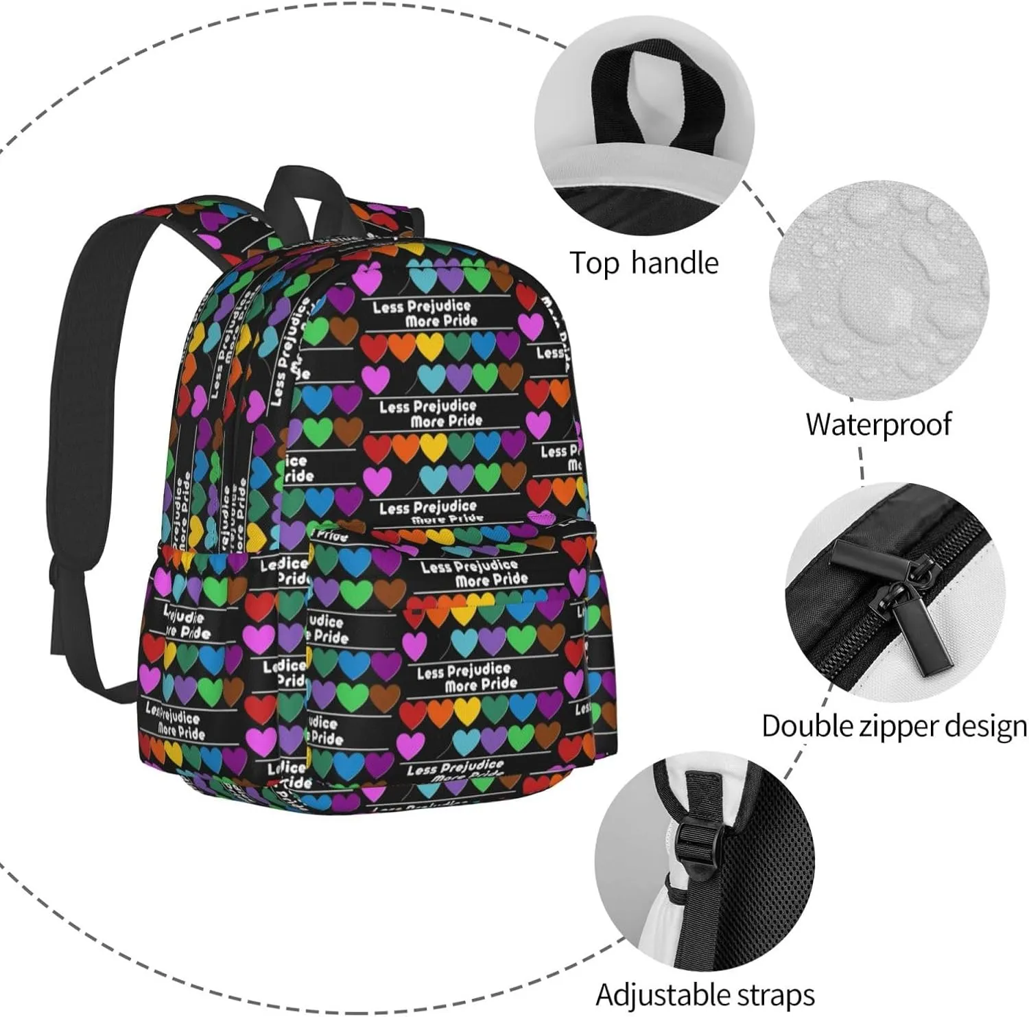 Lgbt Pride Rainbow Gay More Pride Less Prejudice Laptop Backpack Shoulder Bag Laptop Pack Travel Backpacks Commuter Back Pack Casual Daypack Bags With Side Pockets