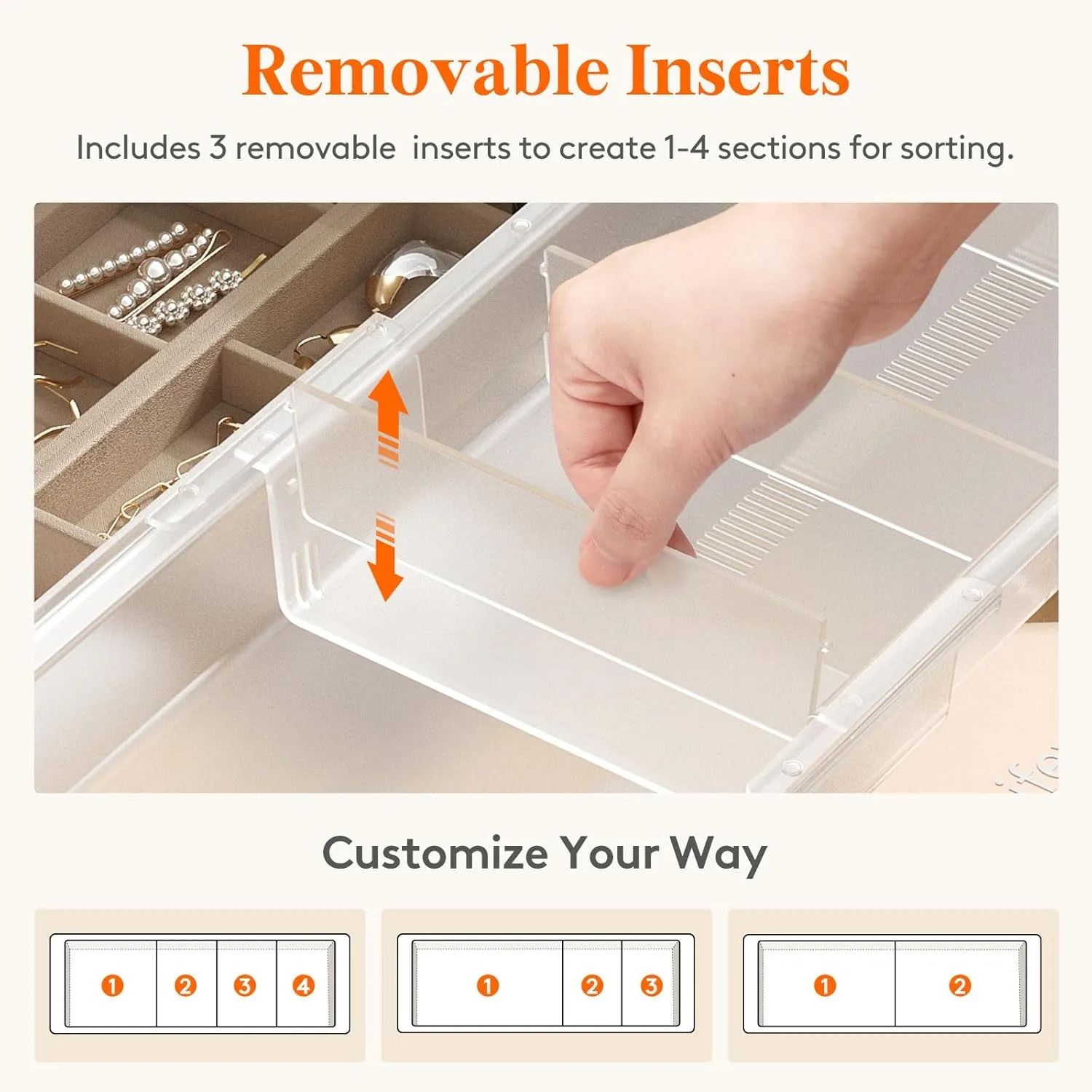 Lifewit 2 Pack Sliding Makeup Drawer Organizer Trays with Inserts, Extendable Hanging Desk Drawer Divider, 14-23" Long/1.8" High Plastic Organizer Tray in Vanity/Bathroom/Office/Kitchen, Translucent