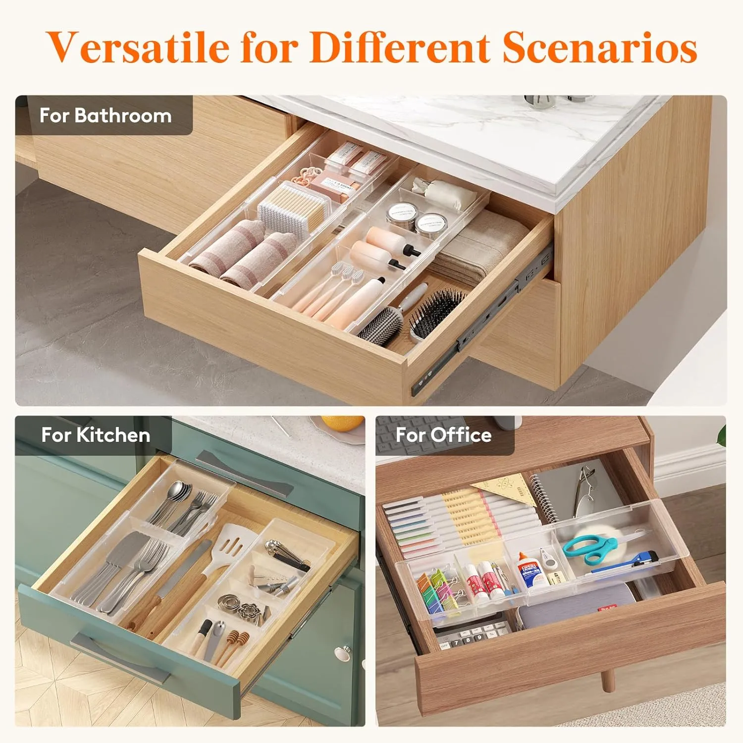 Lifewit 2 Pack Sliding Makeup Drawer Organizer Trays with Inserts, Extendable Hanging Desk Drawer Divider, 14-23" Long/1.8" High Plastic Organizer Tray in Vanity/Bathroom/Office/Kitchen, Translucent