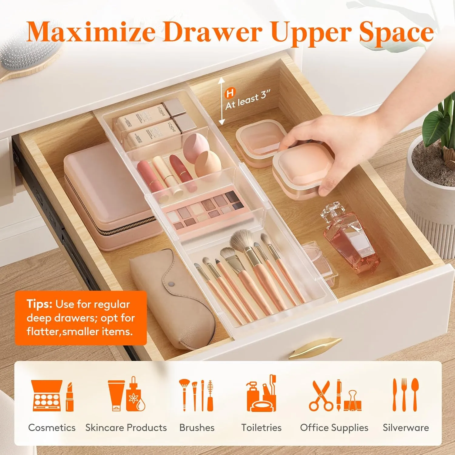 Lifewit 2 Pack Sliding Makeup Drawer Organizer Trays with Inserts, Extendable Hanging Desk Drawer Divider, 14-23" Long/1.8" High Plastic Organizer Tray in Vanity/Bathroom/Office/Kitchen, Translucent
