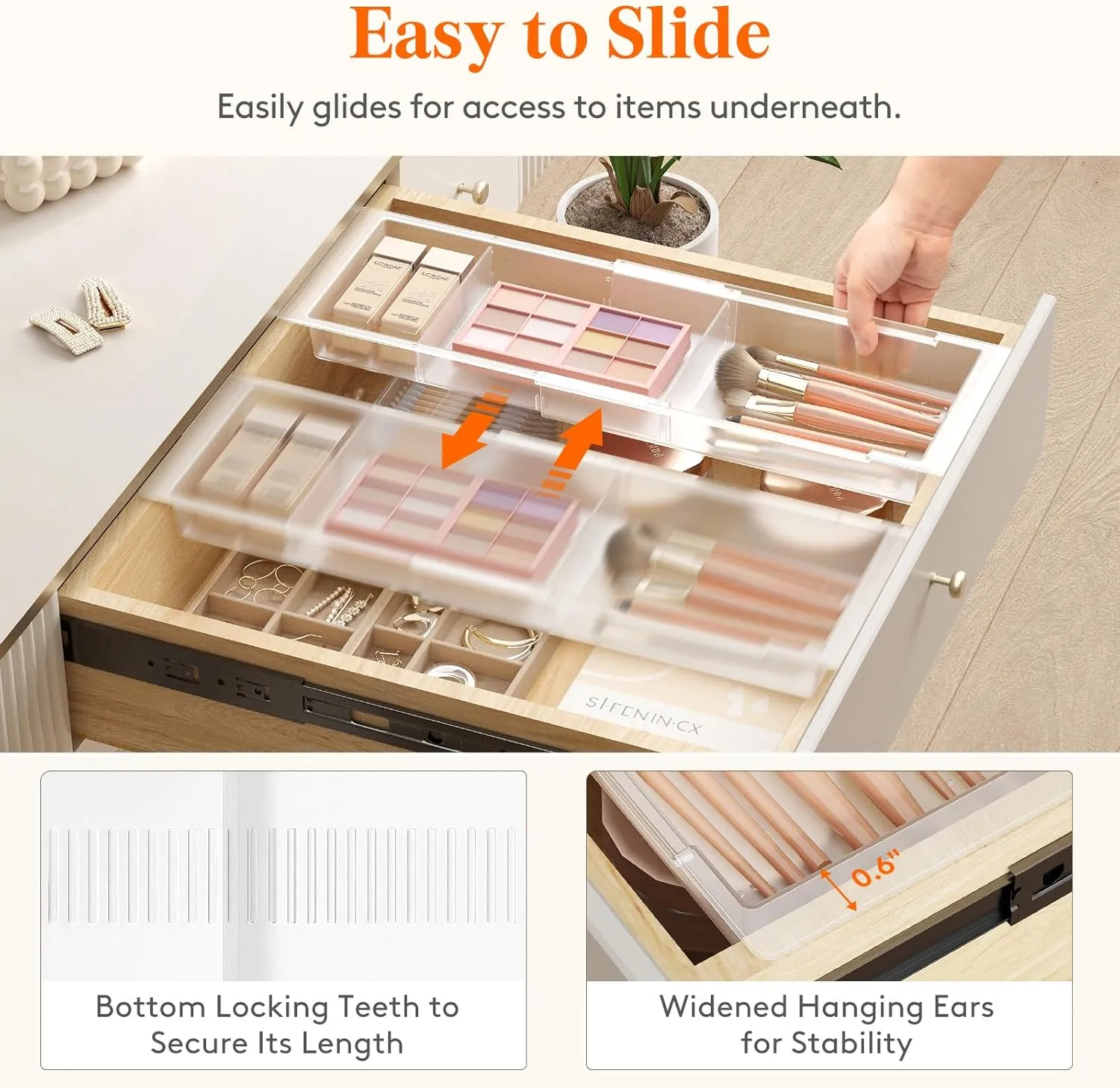 Lifewit 2 Pack Sliding Makeup Drawer Organizer Trays with Inserts, Extendable Hanging Desk Drawer Divider, 14-23" Long/1.8" High Plastic Organizer Tray in Vanity/Bathroom/Office/Kitchen, Translucent