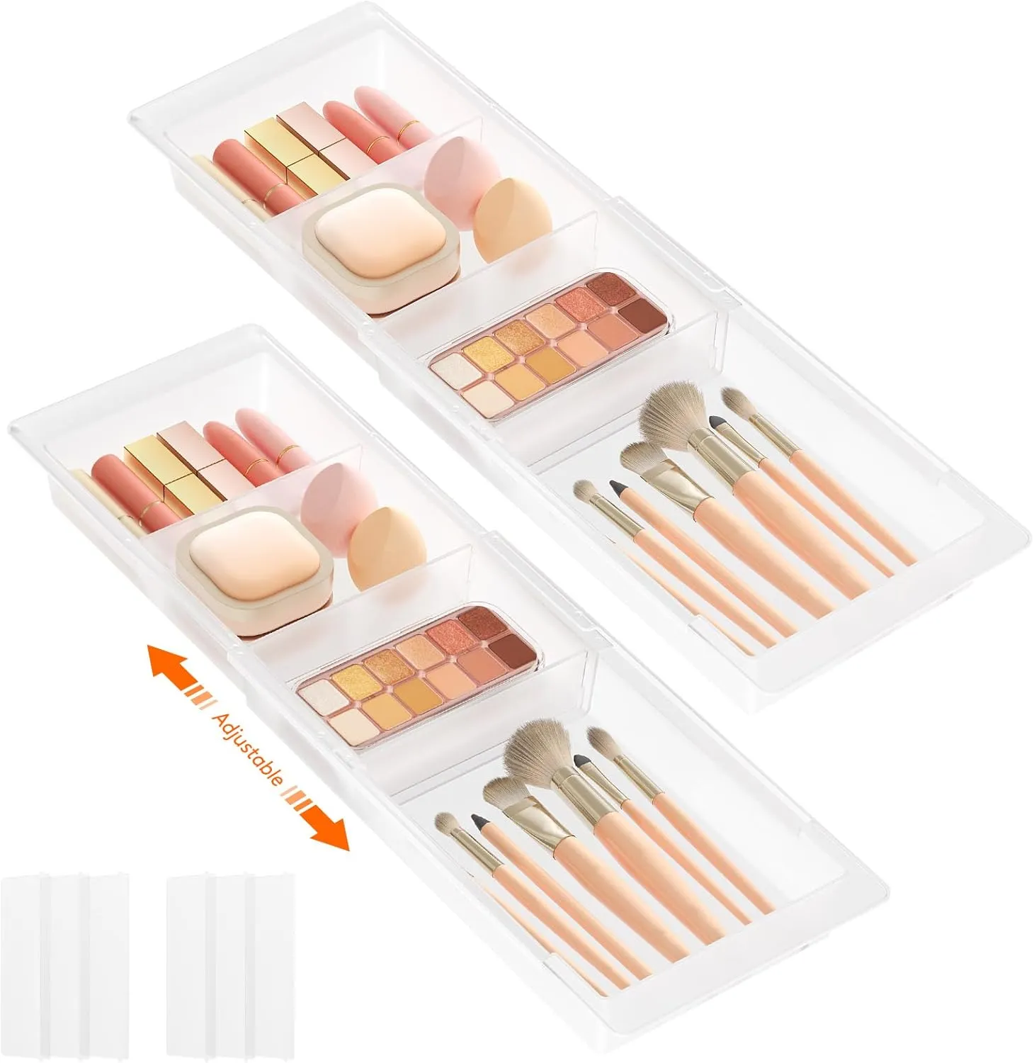 Lifewit 2 Pack Sliding Makeup Drawer Organizer Trays with Inserts, Extendable Hanging Desk Drawer Divider, 14-23" Long/1.8" High Plastic Organizer Tray in Vanity/Bathroom/Office/Kitchen, Translucent