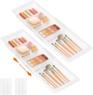 Lifewit 2 Pack Sliding Makeup Drawer Organizer Trays with Inserts, Extendable Hanging Desk Drawer Divider, 14-23" Long/1.8" High Plastic Organizer Tray in Vanity/Bathroom/Office/Kitchen, Translucent