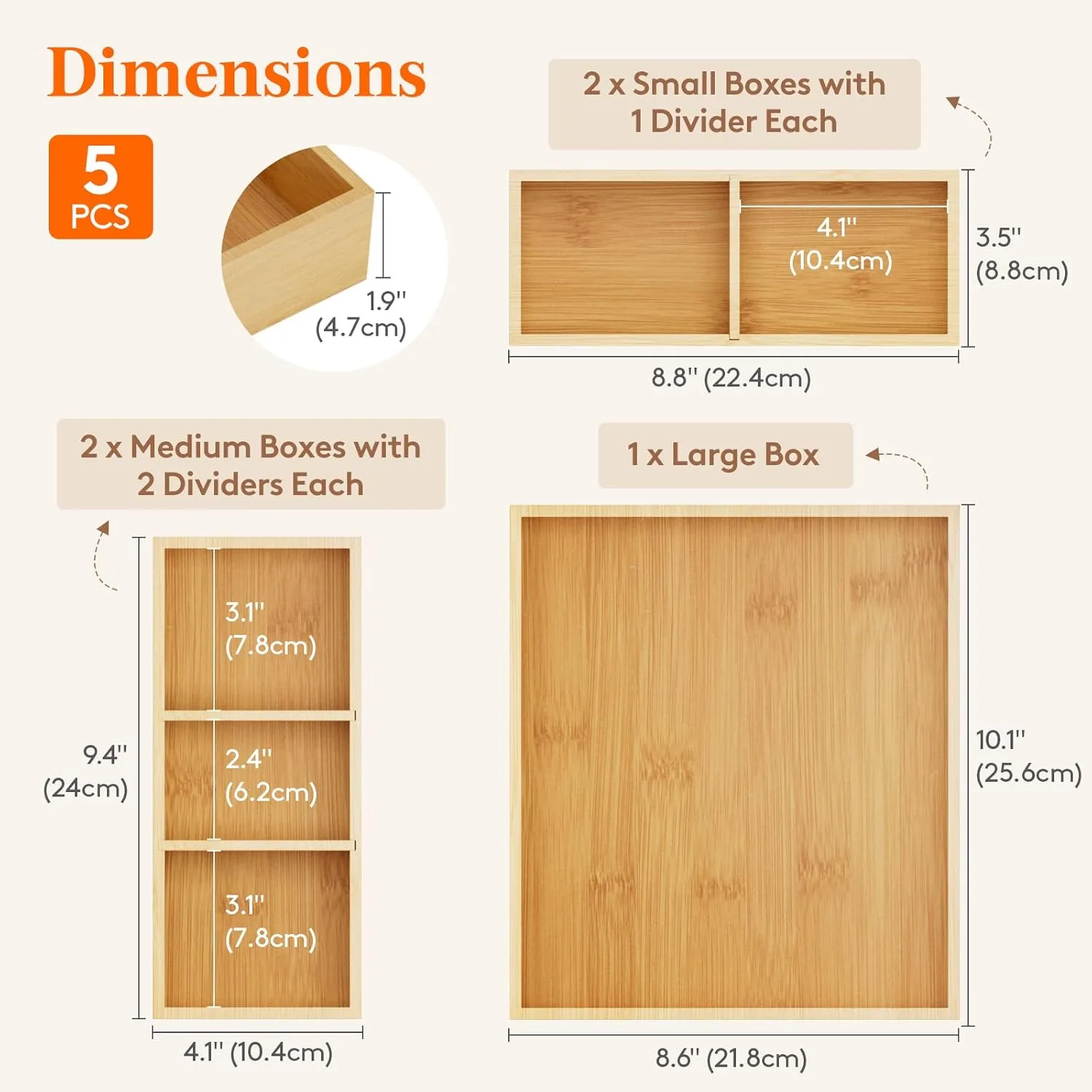 Lifewit Drawer Organizers 5 Pack(11 Grid) with 6 Inserts, Adjustable Bamboo Wooden Drawer Dividers, Stackable Storage Box for Utensils, Silverware, Makeup, Junk in Kitchen/Bathroom/Office/Vanity