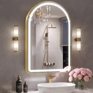 Lighted Bathroom Mirror, 24"x 36" Gold Arched Bathroom Vanity Mirror with Lights, Smart Mirror with Brushed Aluminum Frame for Bedroom with Anti-Fog Dimmable 3 Colors and Lights