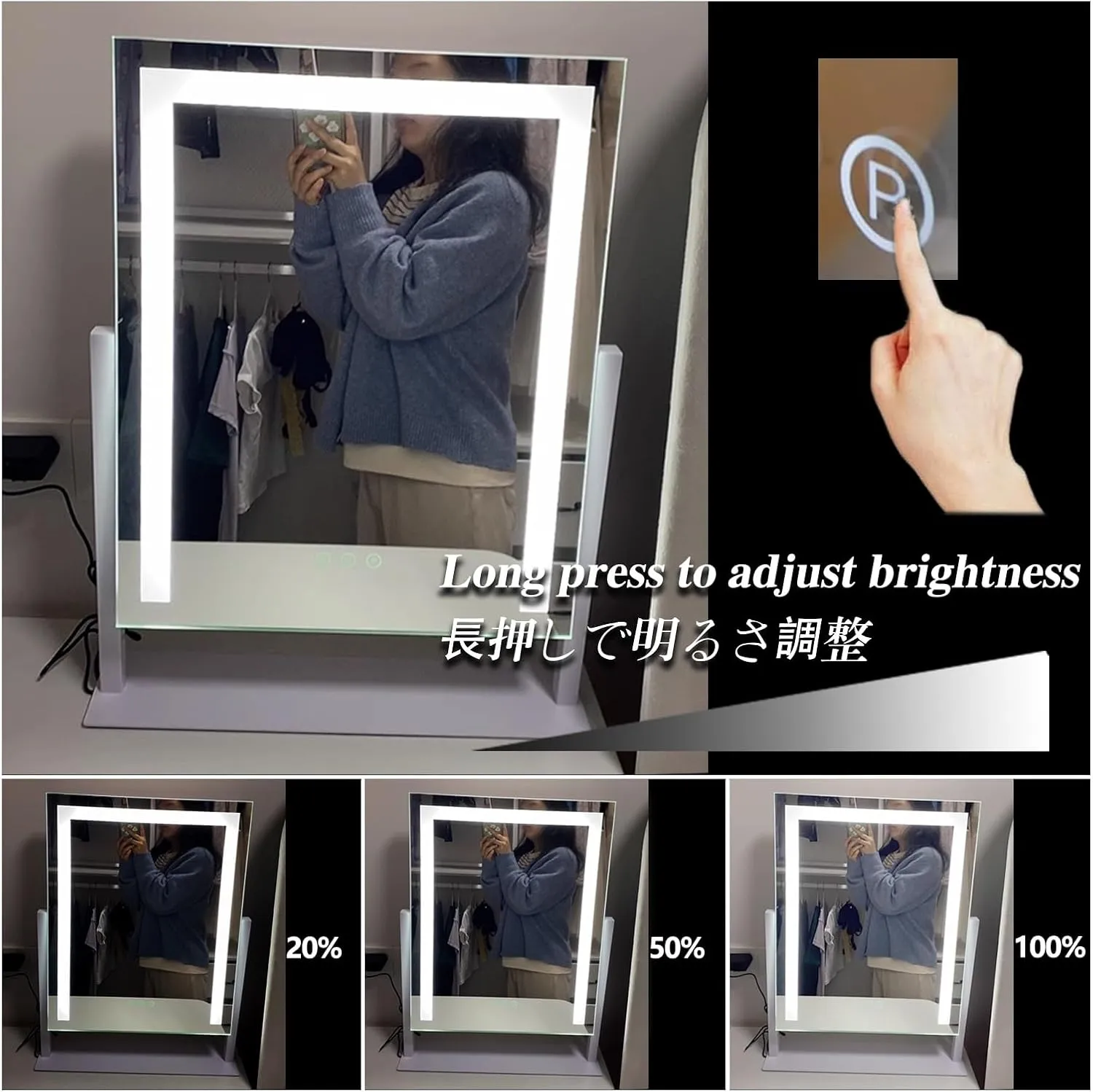 Lighted Makeup Mirror, Desk Mirror With Dimmable Brightness, 360°Rotation Desktop Mirror, Adjustable Tri Tone LED Lighted Makeup Mirror, for Dressing Room & Bedroom, Smart Touch Control, Black, White(