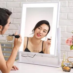 Lighted Makeup Mirror, Desk Mirror With Dimmable Brightness, 360°Rotation Desktop Mirror, Adjustable Tri Tone LED Lighted Makeup Mirror, for Dressing Room & Bedroom, Smart Touch Control, Black, White(