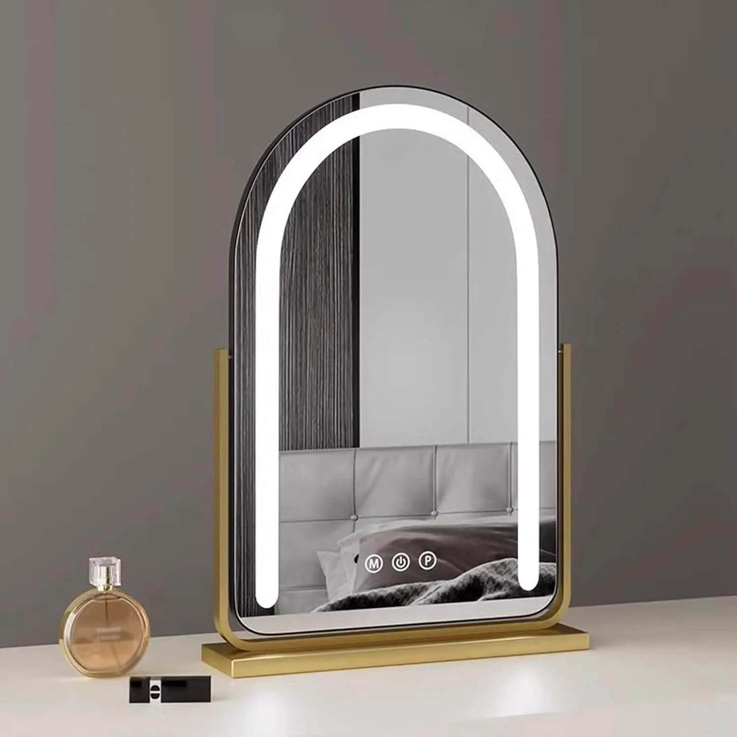 Lighted Makeup Mirror, Hollywood Vanity Mirror with Lights, Three Color Lighting Modes, Smart Touch Control, with Brightness Adjustable, 360°Rotation Tabletop Makeup Mirror(Gold,30x50cm)