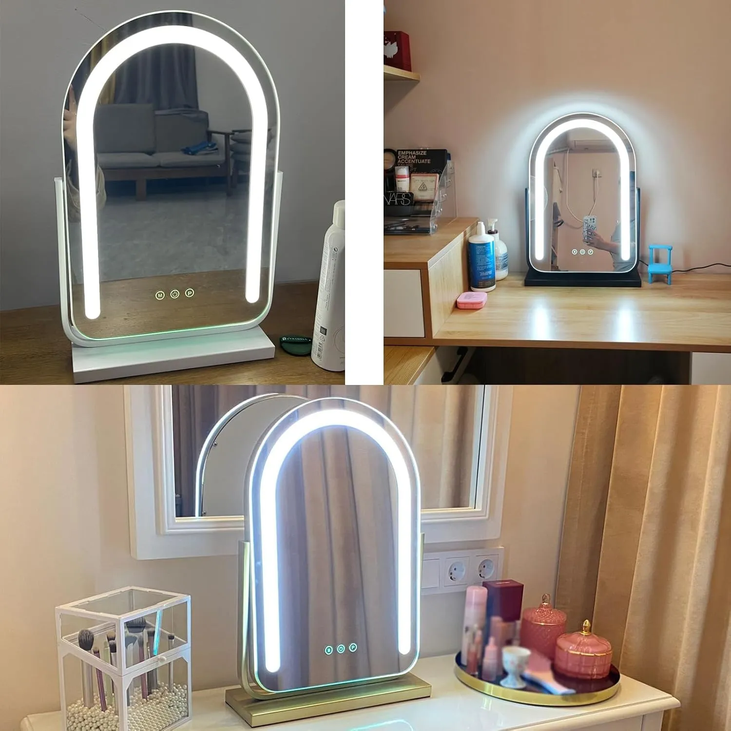 Lighted Makeup Mirror, Hollywood Vanity Mirror with Lights, Three Color Lighting Modes, Smart Touch Control, with Brightness Adjustable, 360°Rotation Tabletop Makeup Mirror(Gold,30x50cm)
