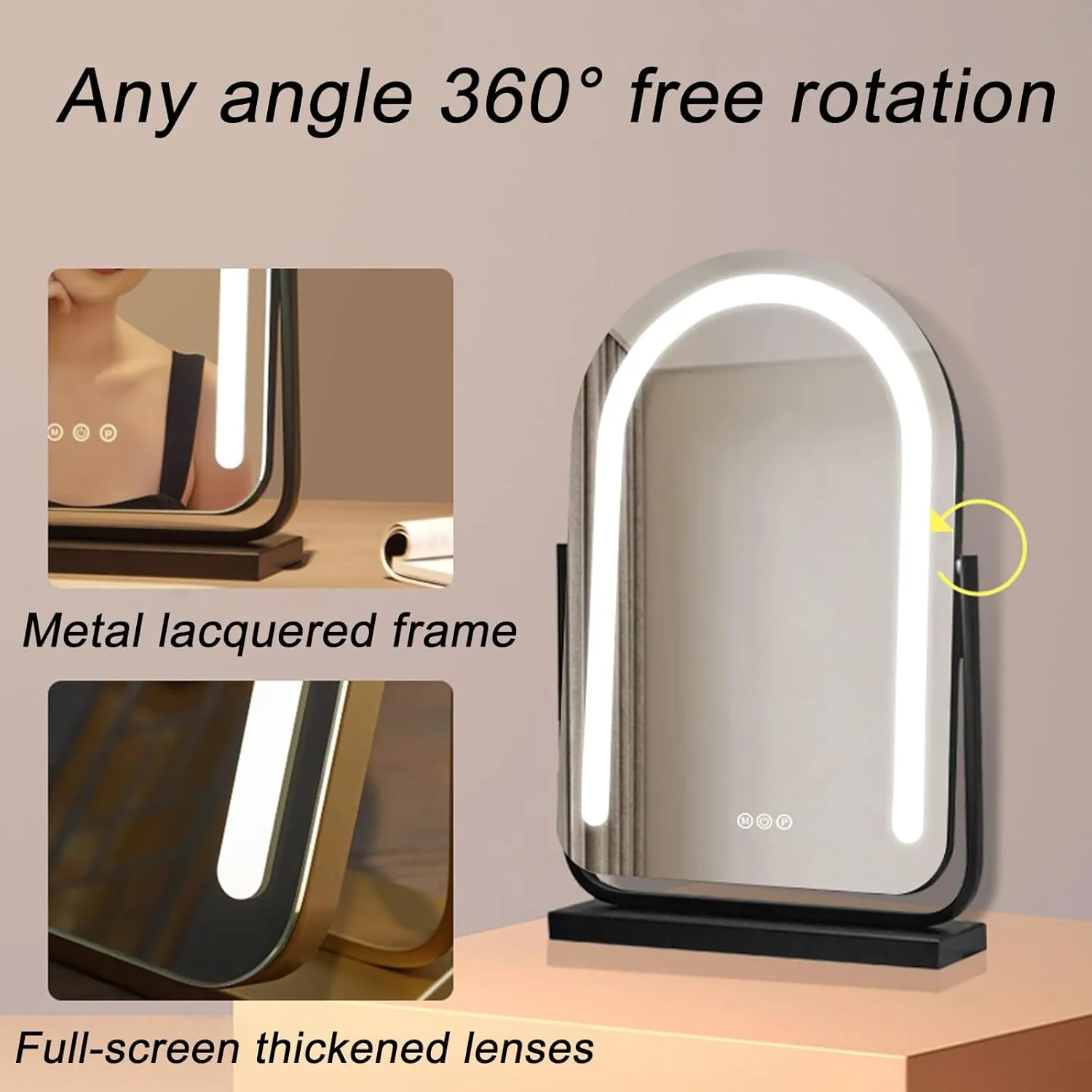 Lighted Makeup Mirror, Hollywood Vanity Mirror with Lights, Three Color Lighting Modes, Smart Touch Control, with Brightness Adjustable, 360°Rotation Tabletop Makeup Mirror(Gold,30x50cm)