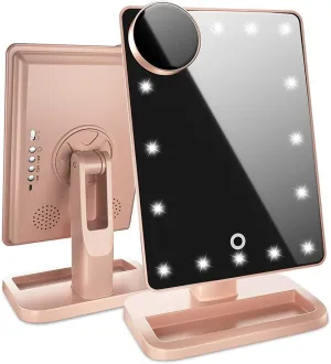 Lighted Makeup Mirror, Vanity Mirror with Bluetooth, 360° Rotation, Adjustable Brightness, Touch Screen, Detachable 10X Magnification Spot Mirror, Rechargeable by Beautify Beauties
