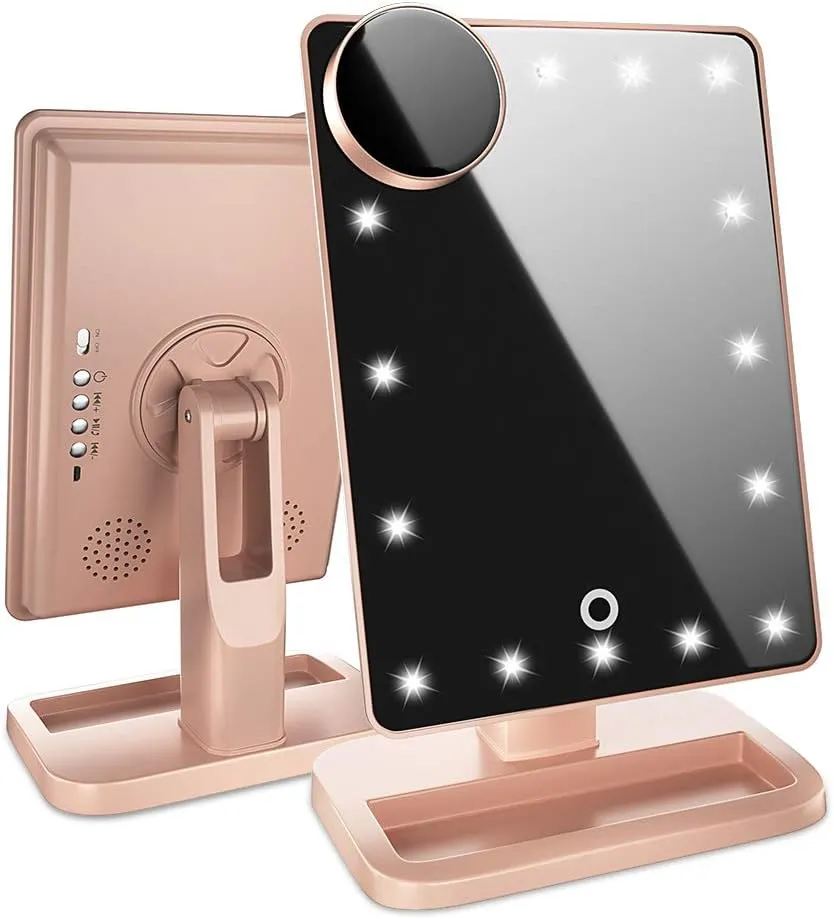 Lighted Makeup Mirror, Vanity Mirror with Bluetooth, 360° Rotation, Adjustable Brightness, Touch Screen, Detachable 10X Magnification Spot Mirror, Rechargeable by Beautify Beauties