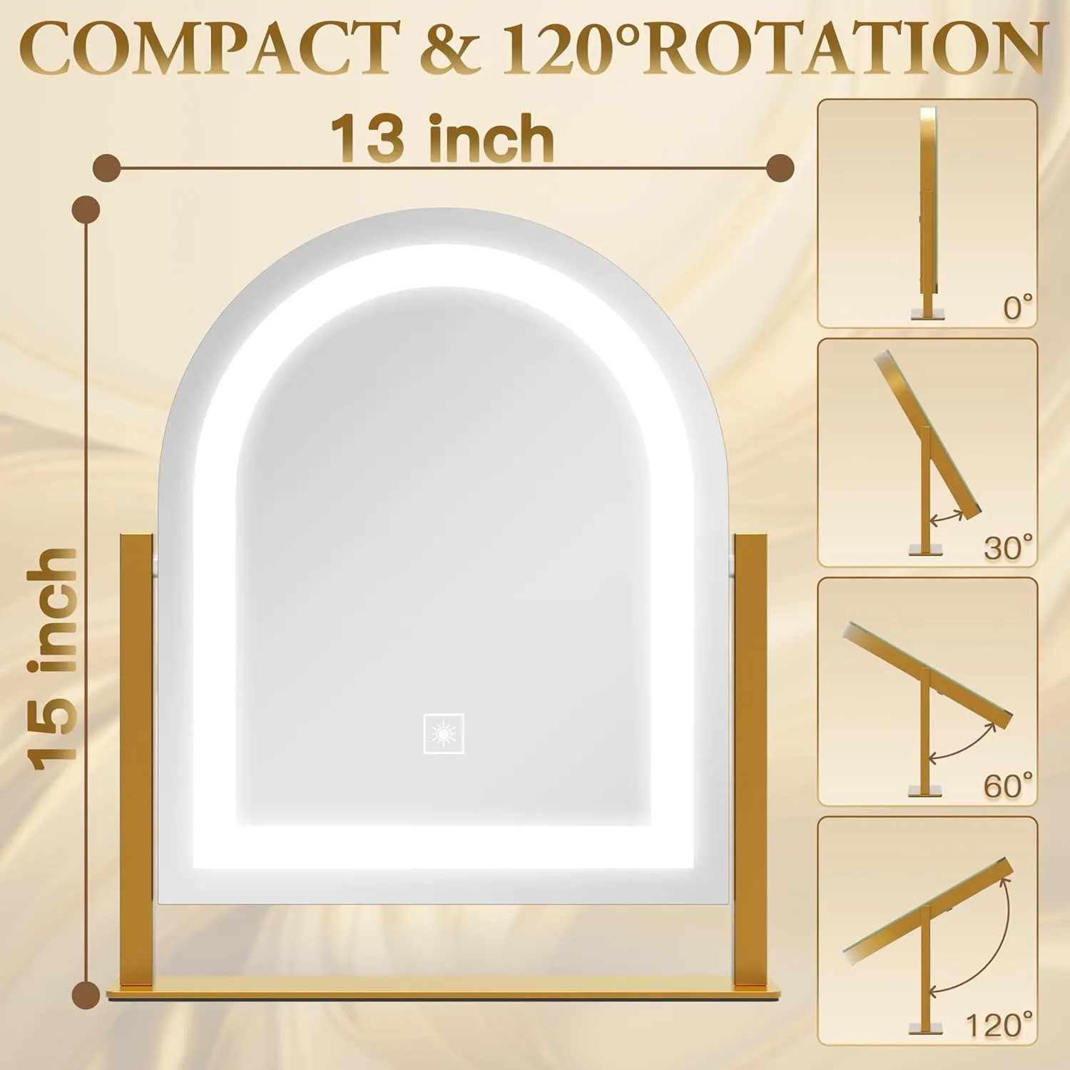 Lighted Makeup Mirror with 3-Color Dimmable Lighting, with Removable 10x Magnifier, Smart Touch Control, 360° Rotation, 15" x 13" Hollywood Vanity Mirror for Tabletop Desk (Gold)