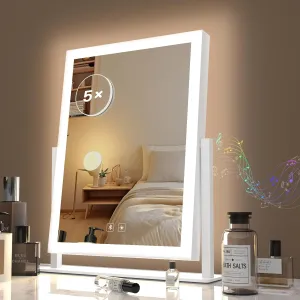 Lighted Makeup Mirror with Bluetooth, Hollywood Vanity Mirror with Lights, Three Color Lighting Modes, 5X Magnification Mirror, Smart Touch Control, 360°Rotation (15.2in,White,)