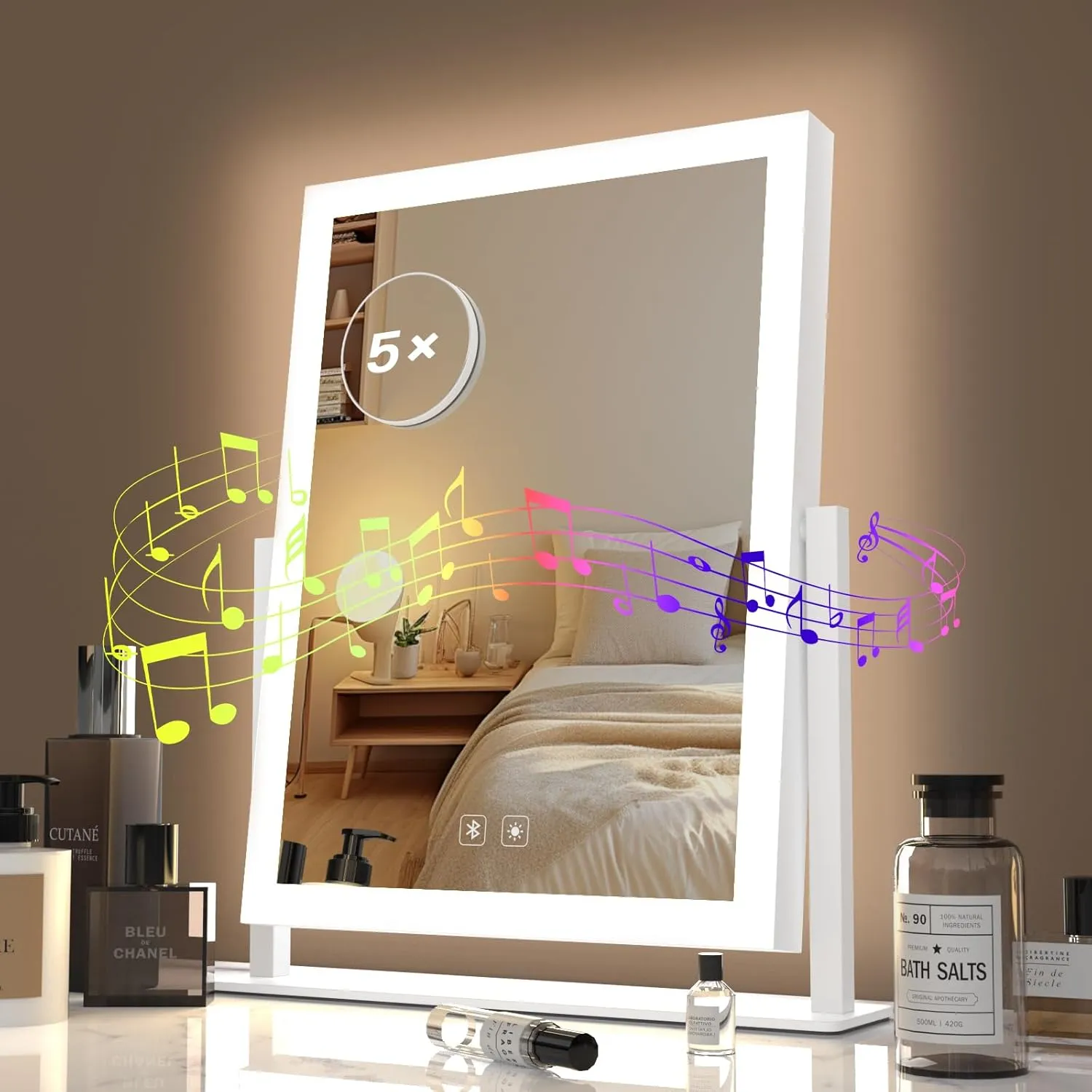 Lighted Makeup Mirror with Bluetooth, Hollywood Vanity Mirror with Lights, Three Color Lighting Modes, 5X Magnification Mirror, Smart Touch Control, 360°Rotation (15.2in,White,)