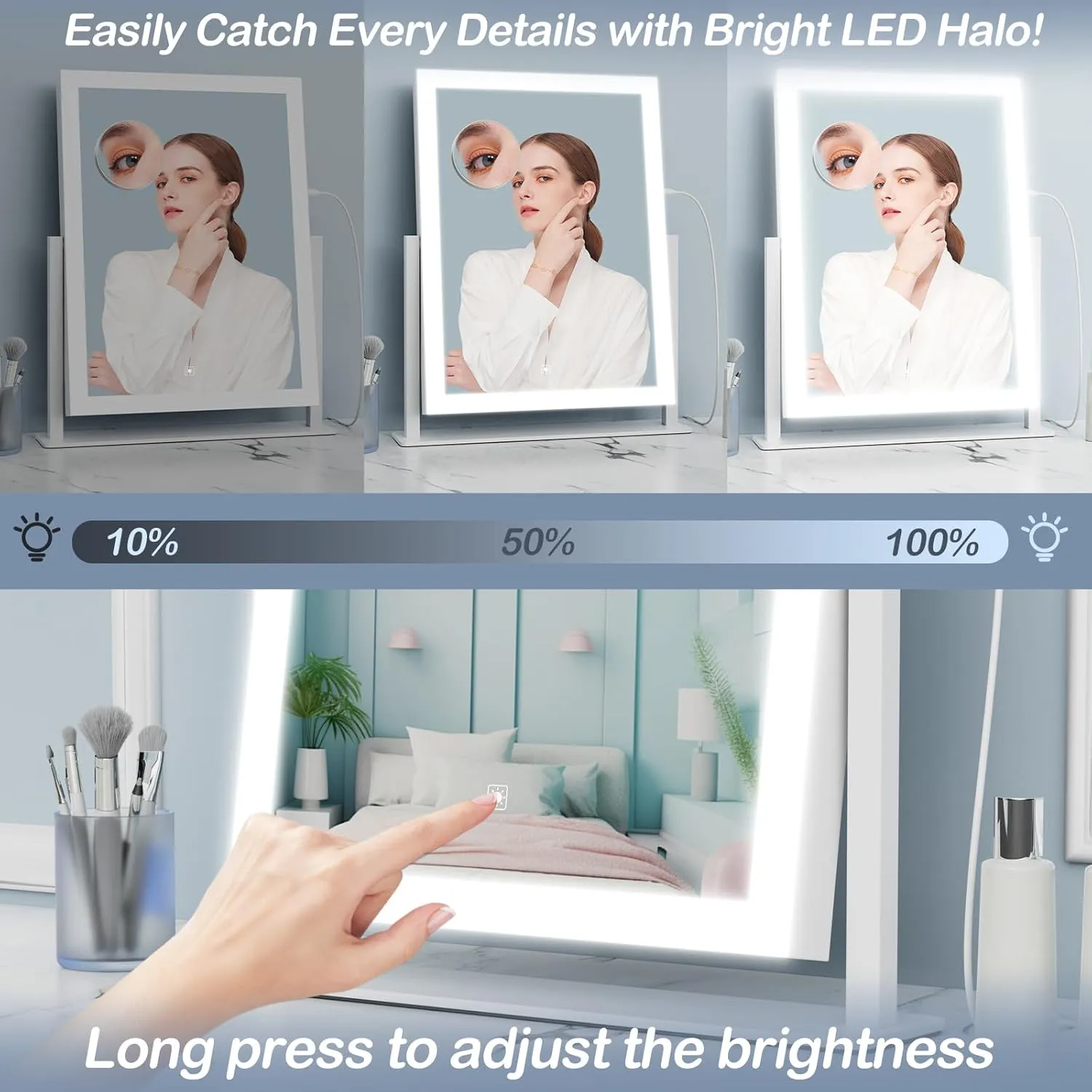 Lighted Makeup Mirror with Bluetooth, Hollywood Vanity Mirror with Lights, Three Color Lighting Modes, 5X Magnification Mirror, Smart Touch Control, 360°Rotation (15.2in,White,)