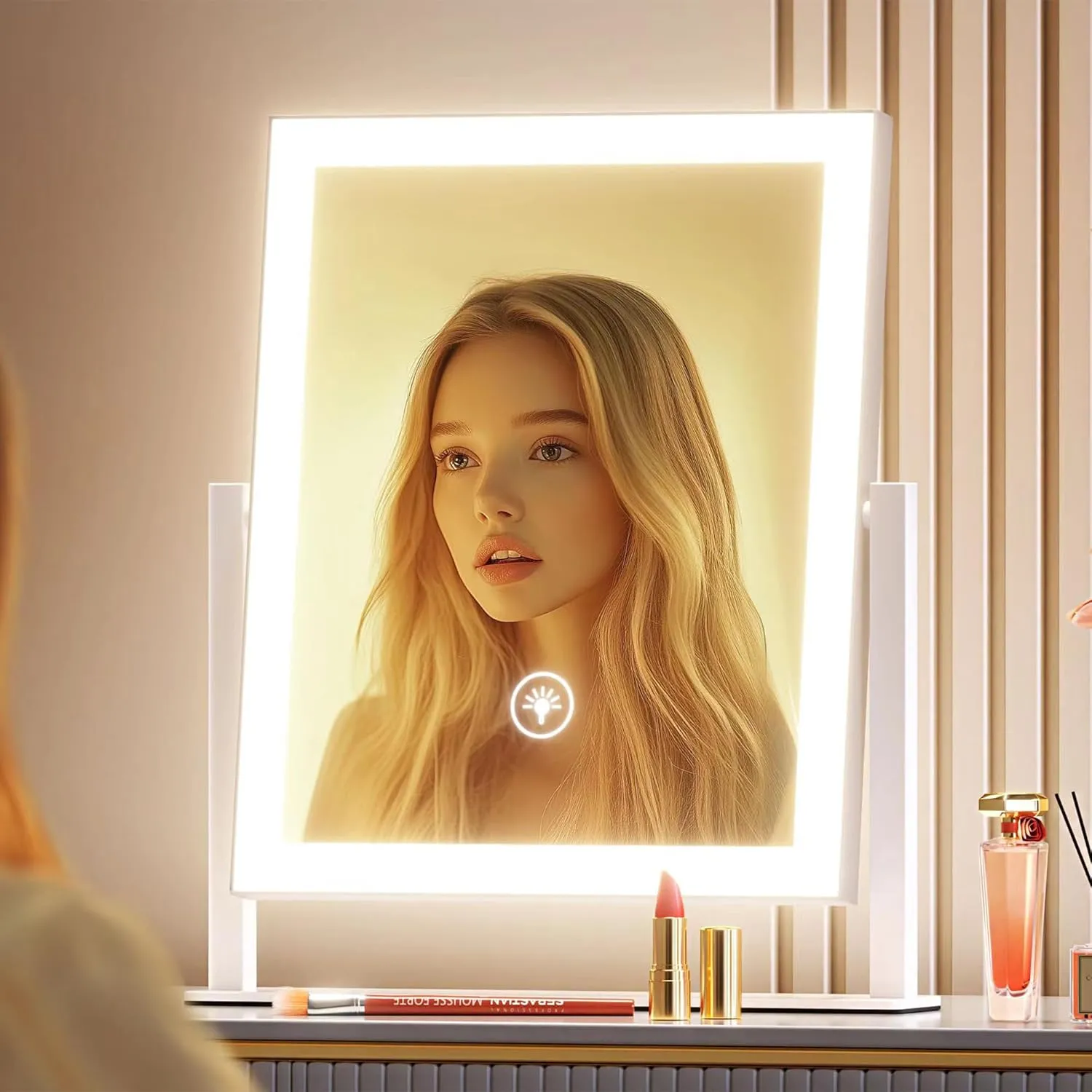 Lighted Makeup Mirror with Bluetooth, Hollywood Vanity Mirror with Lights, Three Color Lighting Modes, 5X Magnification Mirror, Smart Touch Control, 360°Rotation (15.2in,White,)