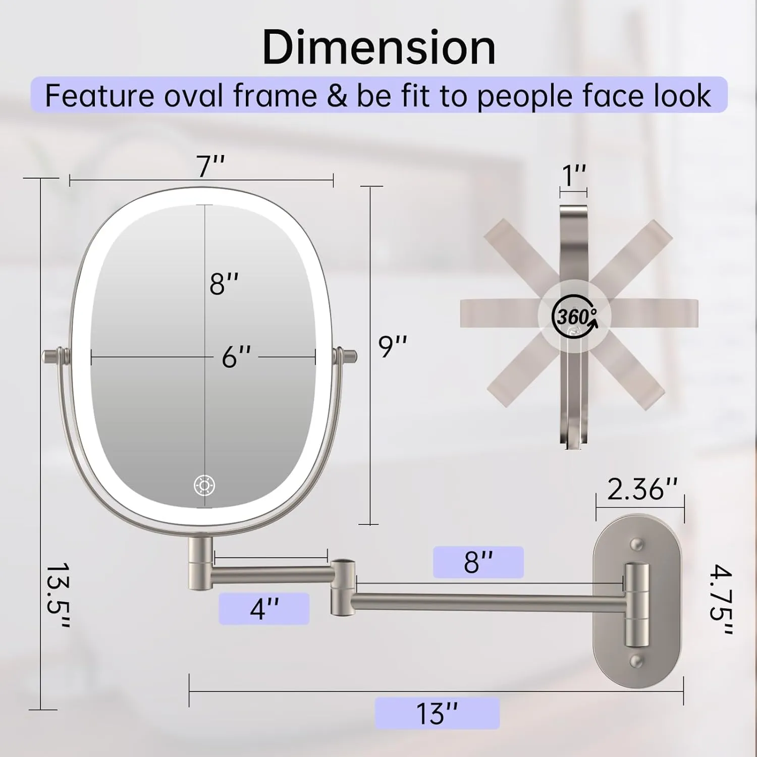 Lighted Wall Mounted Makeup Mirror, Double Sided 1X/7X Magnifying Mirror, 3 Color Lighting Option Dimmable, 360 Rotation Extension Foldable Arm, Oval Frame Rechargeable Vanity Mirror with Lights
