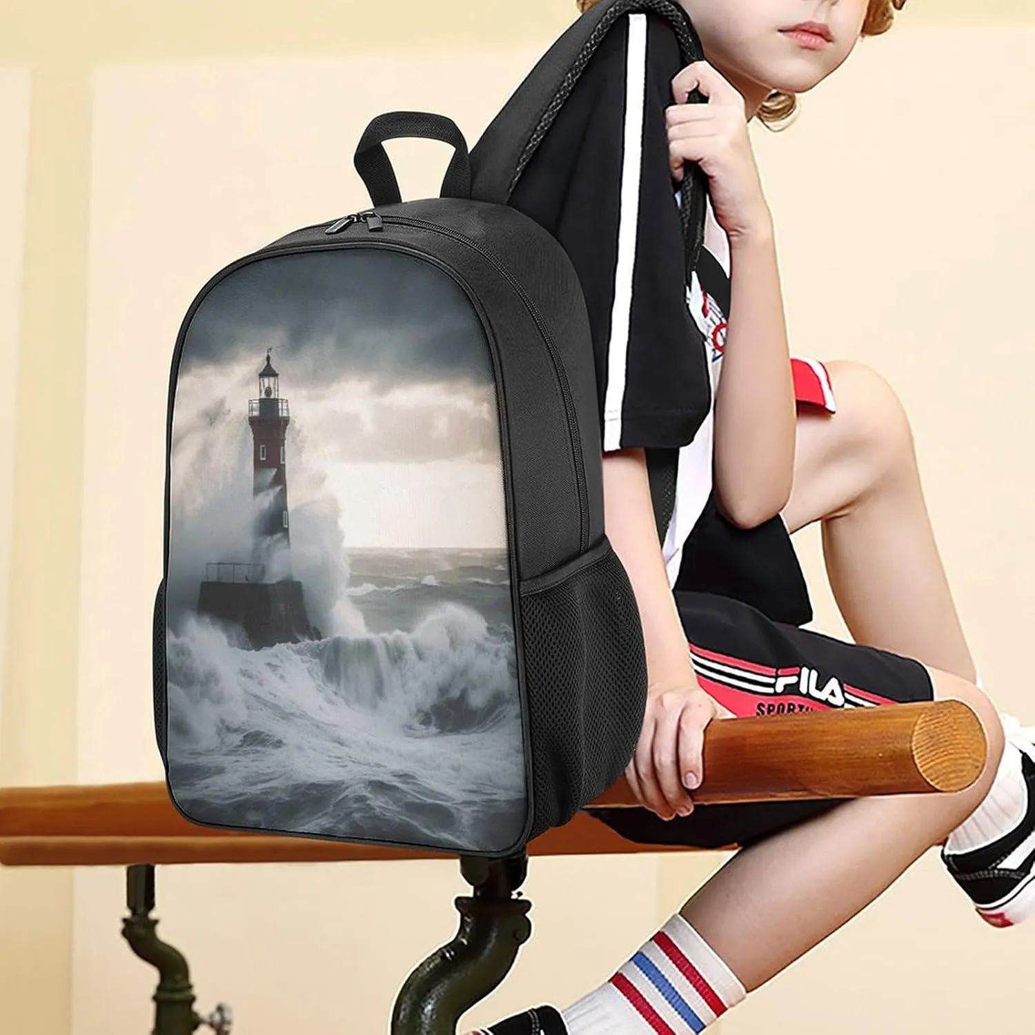 Lightweight Backpacks Cute Travel Bag Durable Lighthouse In Tempest Printing Small Travel Backpack For Women & Men