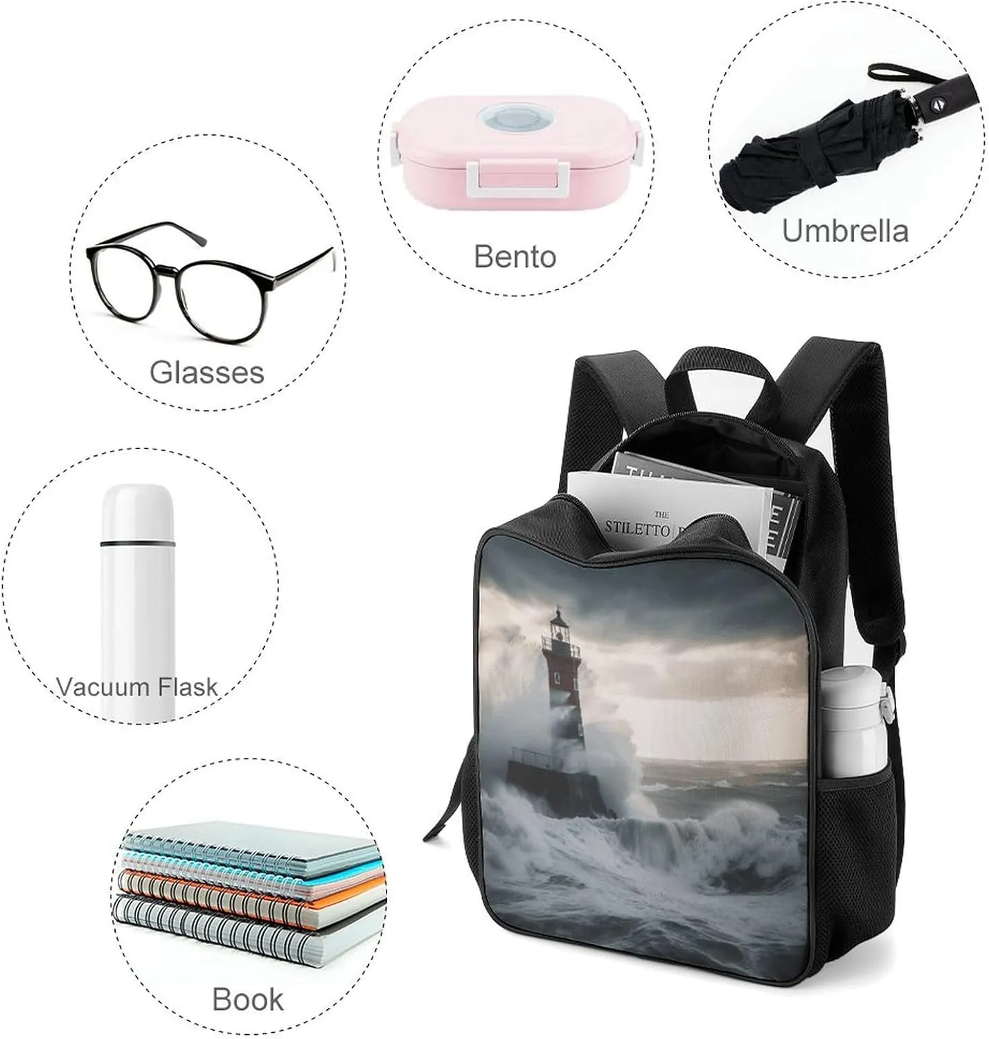 Lightweight Backpacks Cute Travel Bag Durable Lighthouse In Tempest Printing Small Travel Backpack For Women & Men