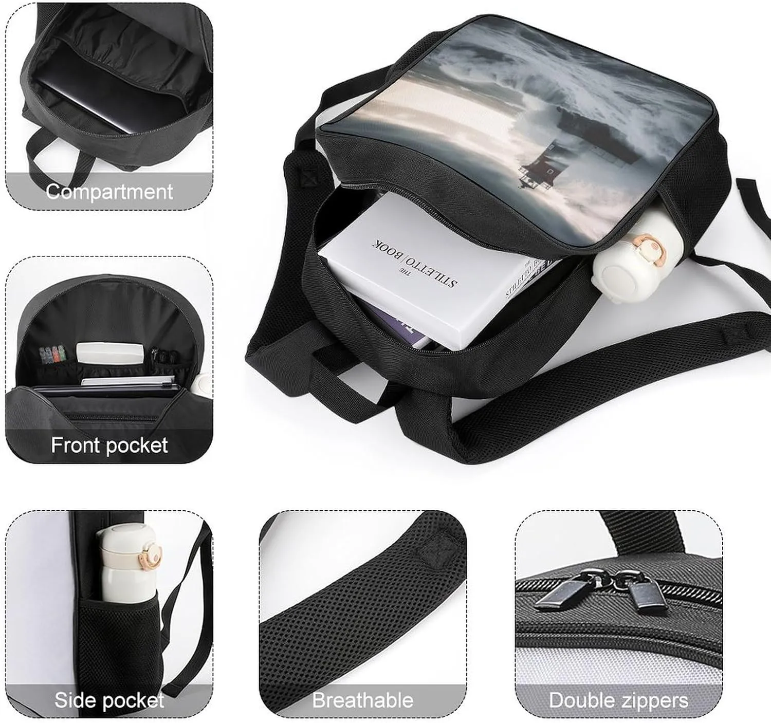 Lightweight Backpacks Cute Travel Bag Durable Lighthouse In Tempest Printing Small Travel Backpack For Women & Men