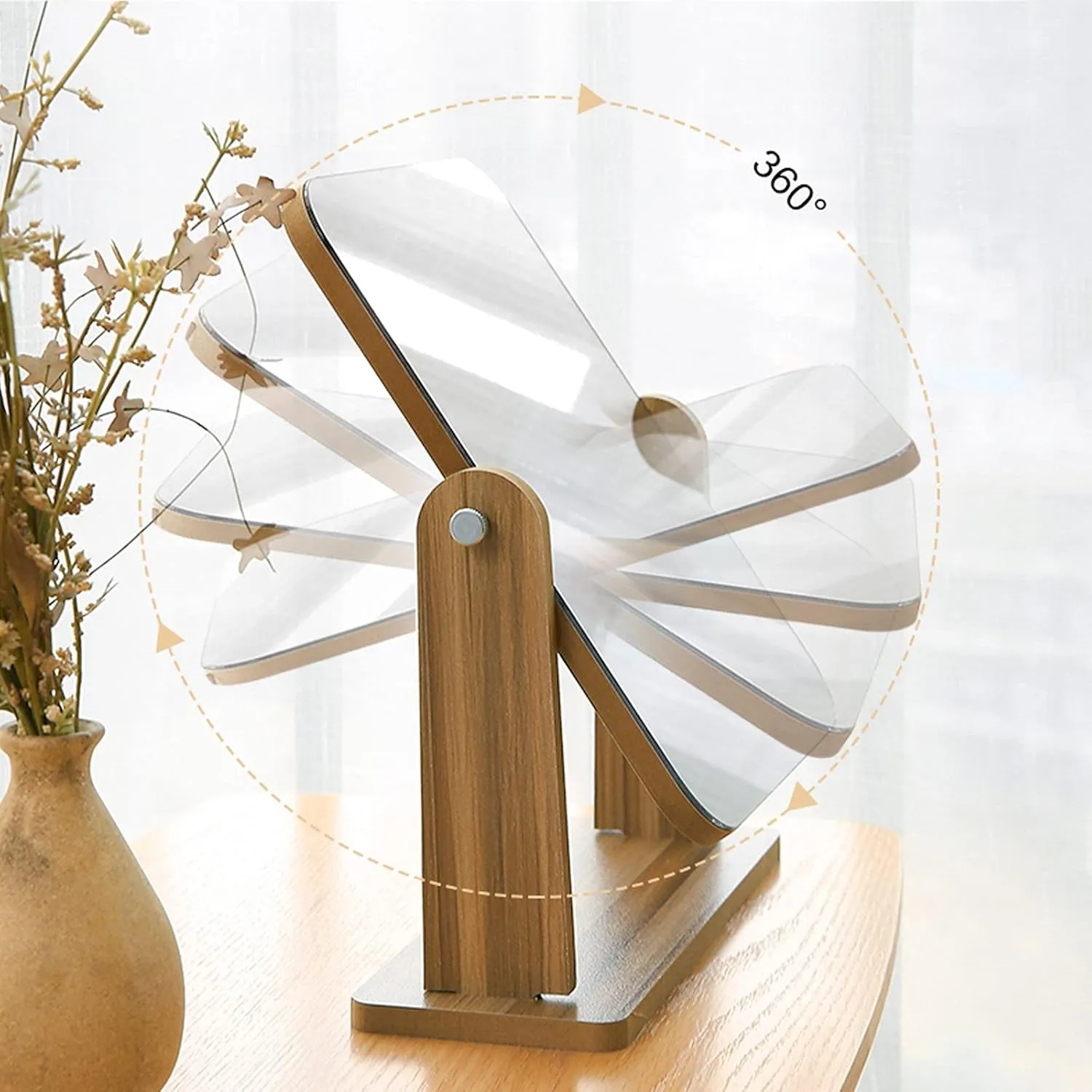 LIGUOYI Wooden Cosmetic Mirror, Desk Mirror, 360 ° Arbitrary Rotation, Table Mirror with Wood Frame, Small Standing Mirror for Desk(Square) (Size : 8.3" x 7.1")