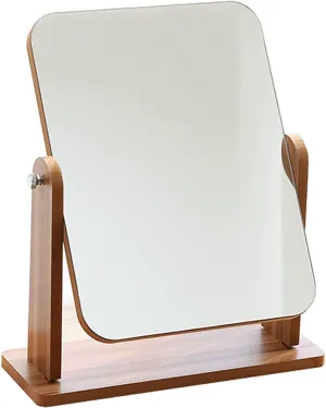 LIGUOYI Wooden Cosmetic Mirror, Desk Mirror, 360 ° Arbitrary Rotation, Table Mirror with Wood Frame, Small Standing Mirror for Desk(Square) (Size : 8.3" x 7.1")