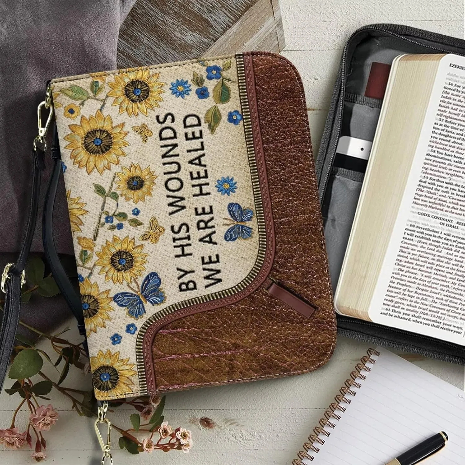 Lotusorchid Bible Tote Bag for Women Men, Bible Case with Pen Slot, Bible Book Cover with Removable Shoulder Strap