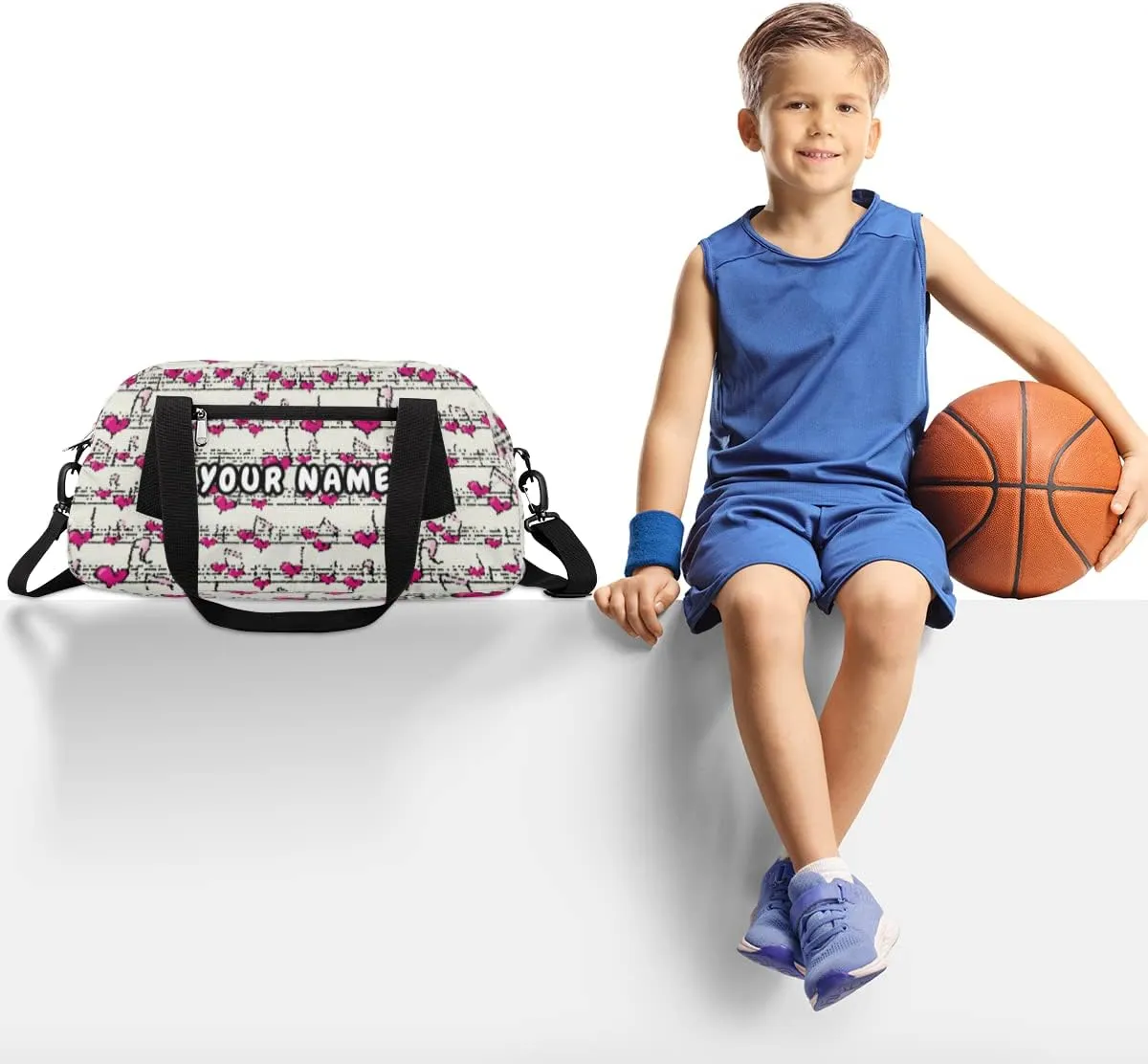 Love Heart Music Notes Personalized Kids Duffel Bag for Girls, Music Notes Debris Custom Name Dance Bag Overnight Small Duffel Bag Carry On Weekend Travel Bag for School Practice Gymnastics Ballet