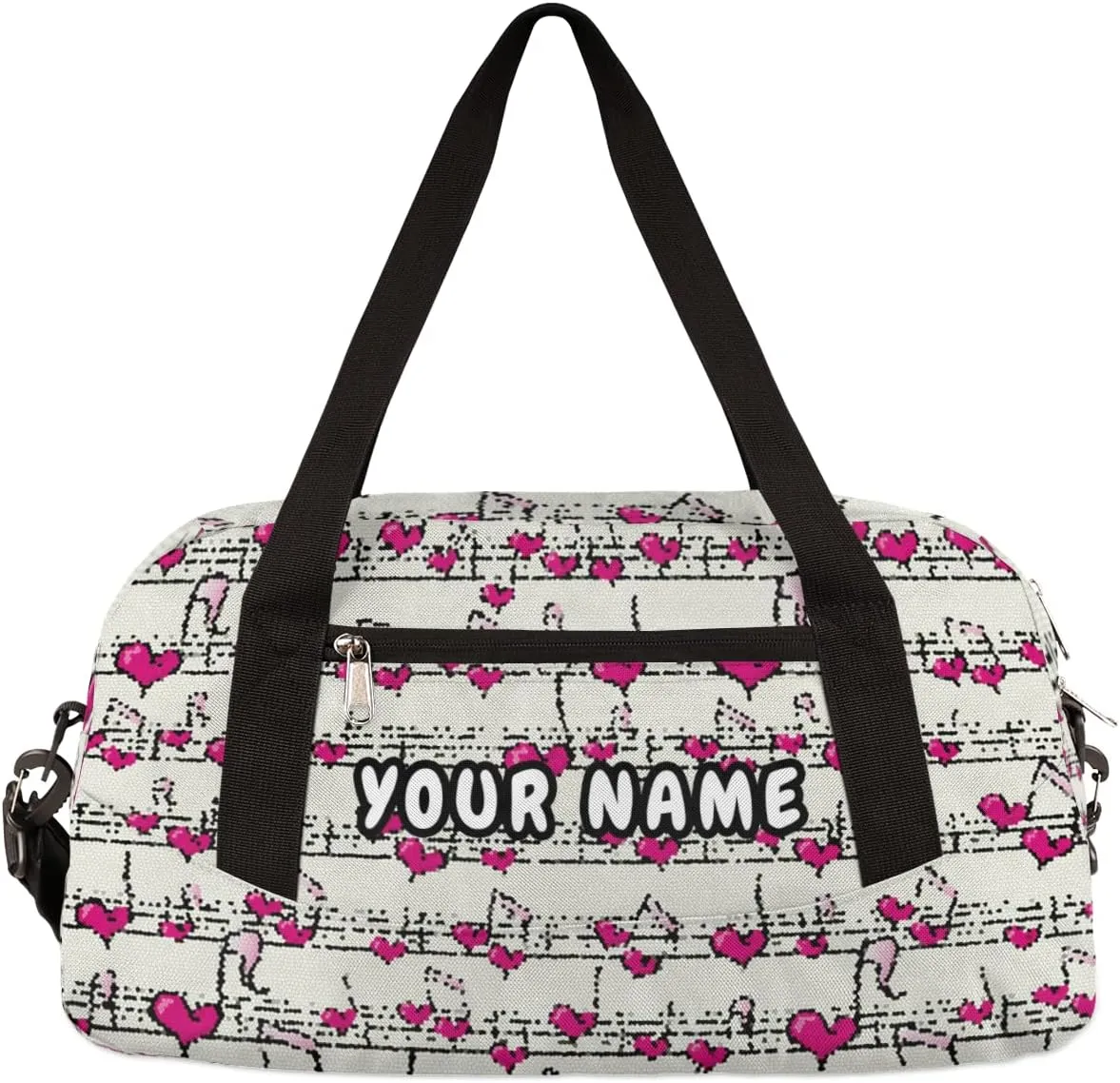 Love Heart Music Notes Personalized Kids Duffel Bag for Girls, Music Notes Debris Custom Name Dance Bag Overnight Small Duffel Bag Carry On Weekend Travel Bag for School Practice Gymnastics Ballet