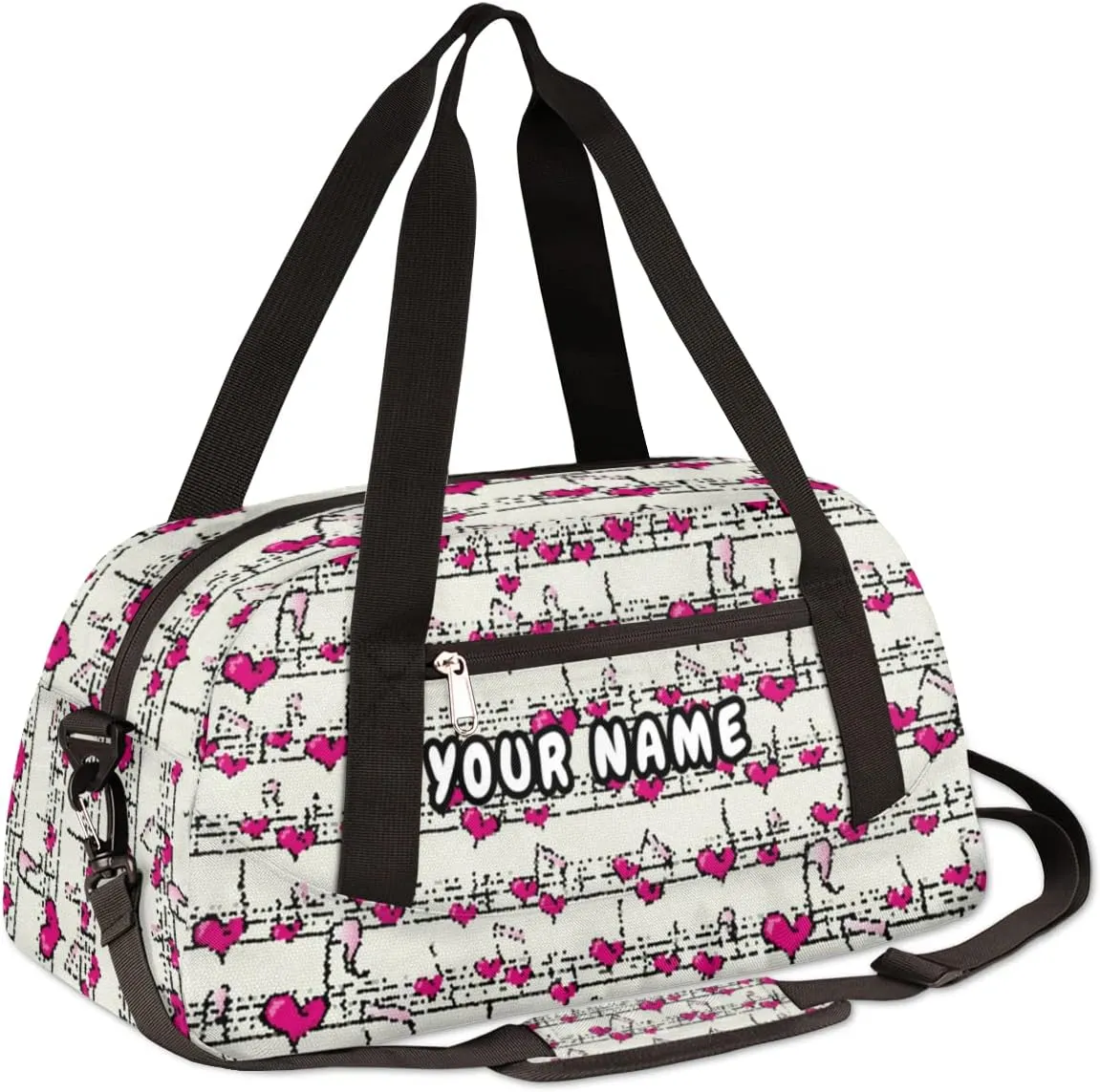 Love Heart Music Notes Personalized Kids Duffel Bag for Girls, Music Notes Debris Custom Name Dance Bag Overnight Small Duffel Bag Carry On Weekend Travel Bag for School Practice Gymnastics Ballet