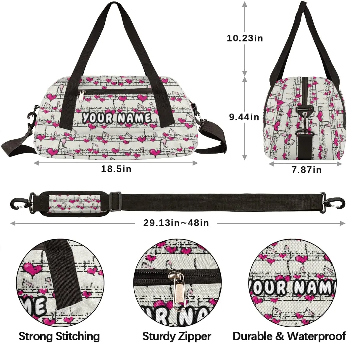 Love Heart Music Notes Personalized Kids Duffel Bag for Girls, Music Notes Debris Custom Name Dance Bag Overnight Small Duffel Bag Carry On Weekend Travel Bag for School Practice Gymnastics Ballet