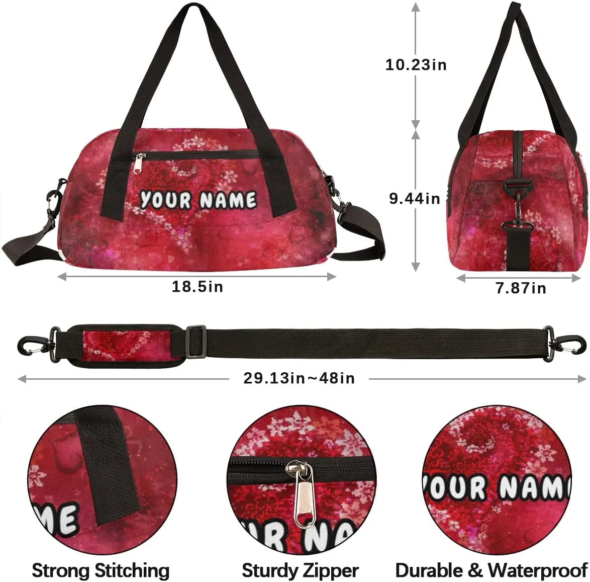 Love Hearts Valentines Day Personalized Kids Duffel Bag for Girls, Love Debris Custom Name Dance Bag Overnight Small Duffel Bag Carry On Weekend Sports Travel Bag for School Practice Gymnastics Ballet