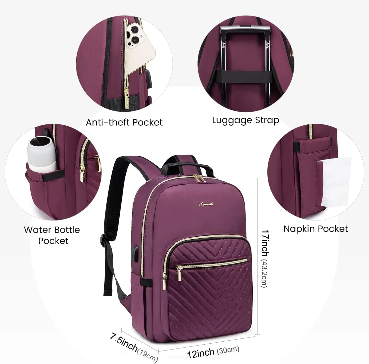 LOVEVOOK Laptop Backpack for Women 17.3 inch,Cute Womens Travel Backpack Purse,Professional Laptop Computer Bag,Waterproof Work Business Teacher Bags Carry on Backpack with USB Port,Deep-Purple