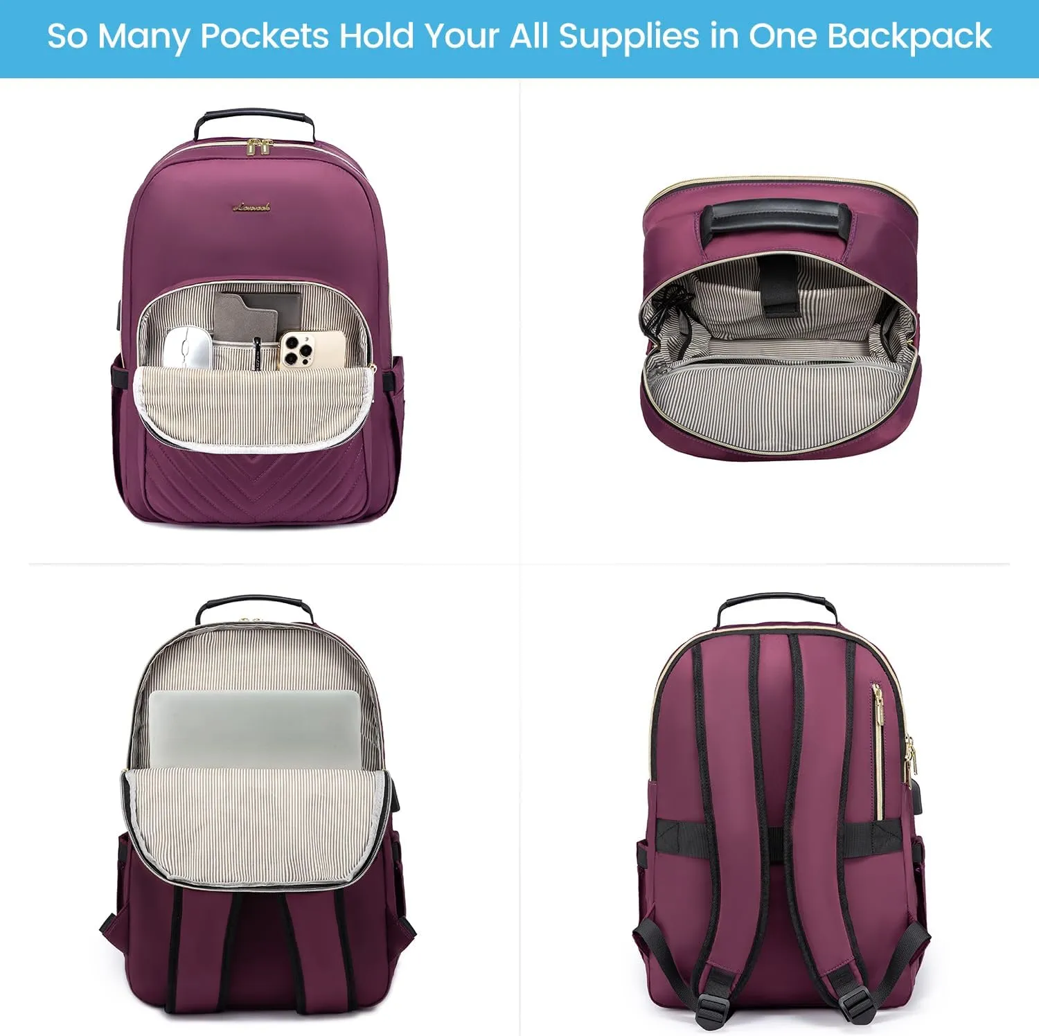 LOVEVOOK Laptop Backpack for Women 17.3 inch,Cute Womens Travel Backpack Purse,Professional Laptop Computer Bag,Waterproof Work Business Teacher Bags Carry on Backpack with USB Port,Deep-Purple