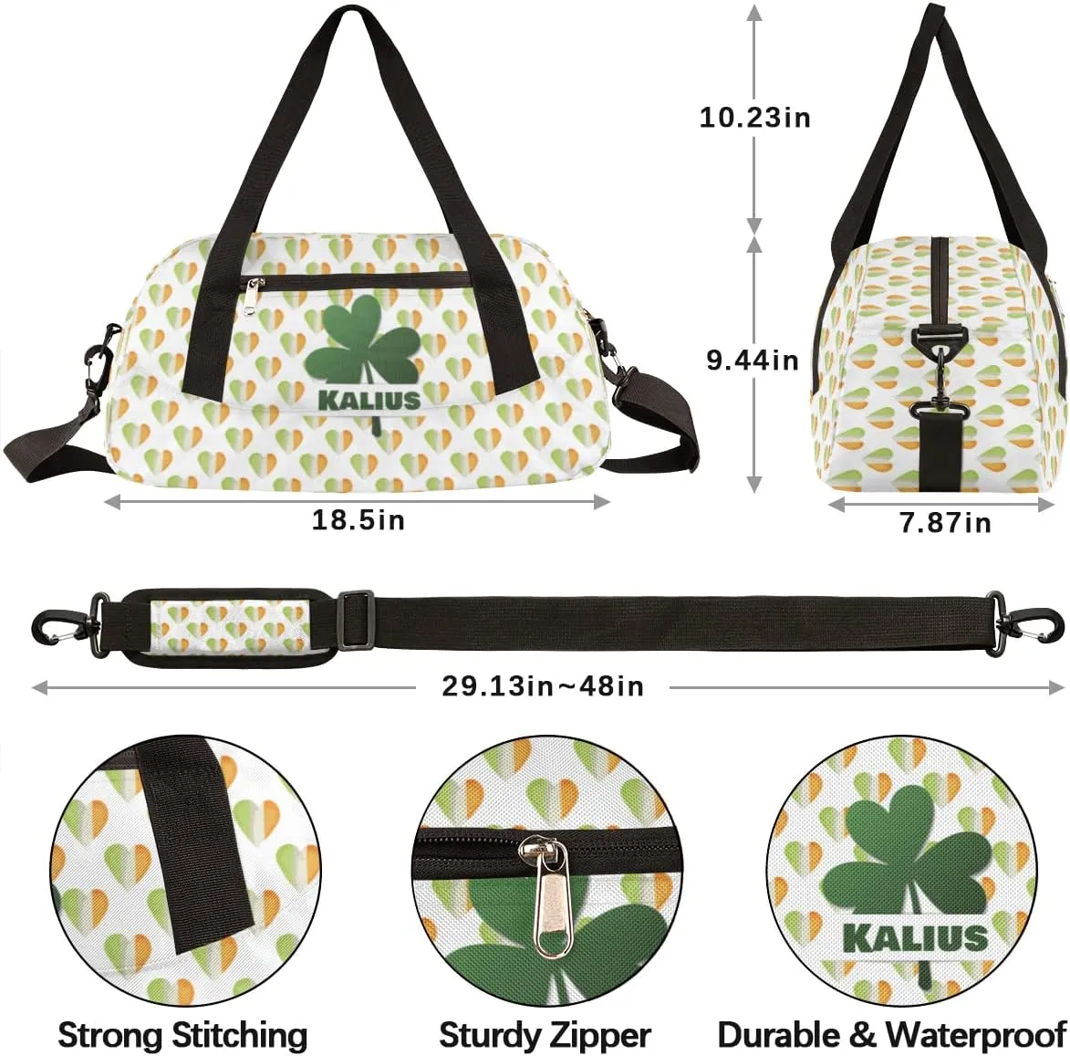 Lucky Clover Leaves Kids Duffel Bag for Girls Boys Teens, Irish Heart Custom Name Dance Bag Overnight Small Duffel Bag Carry On Weekend Sports Gym Travel Bag for School Practice Gymnastics Ballet