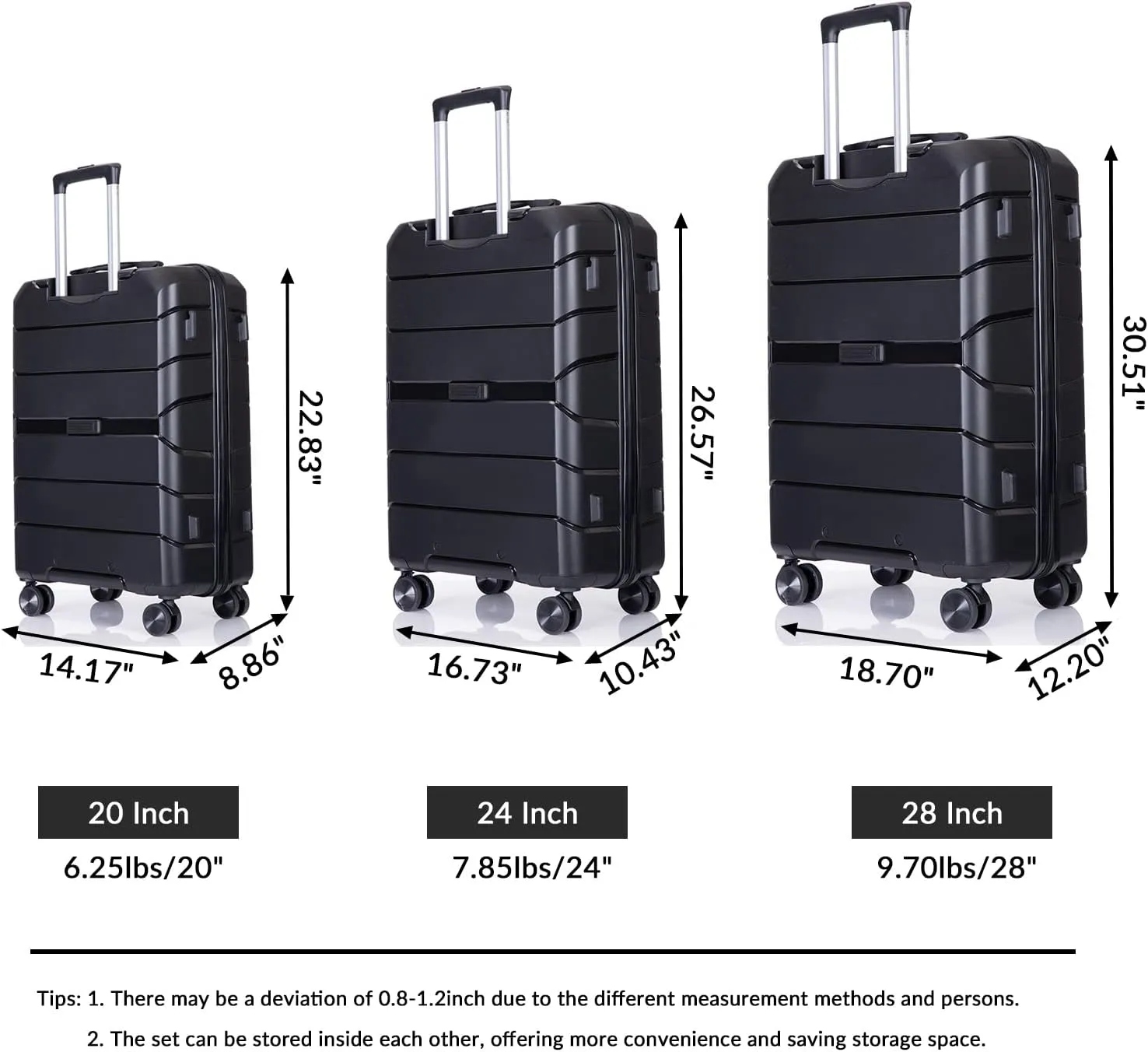 Luggage Sets Hardshell Travel Durable Suitcase Sets with Spinner Wheels TSA Lock, Carry-on,Luggage 3piece Set (20inch/24inch/28inch) (Black)